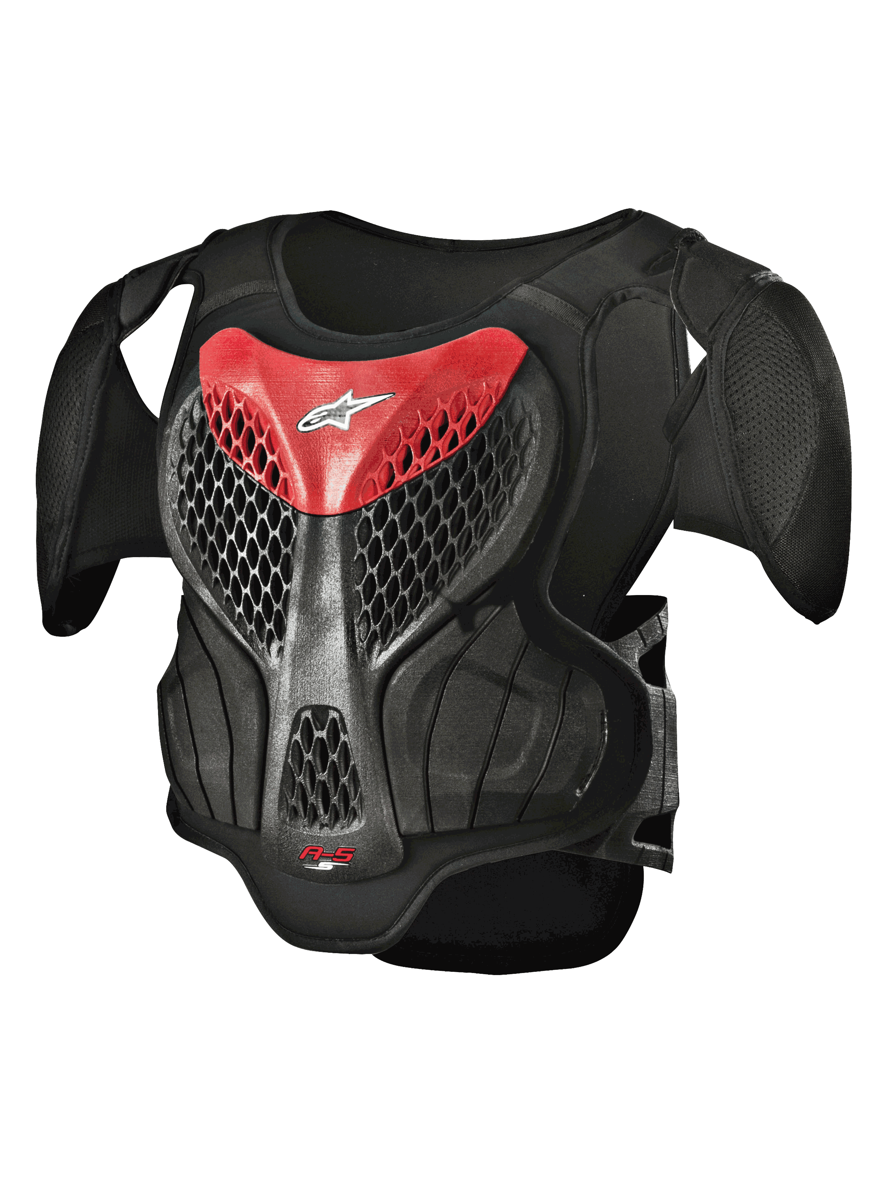 Alpinestars Youth A-5 S Body Armour, brystbeskyttelse til motocross, sort og rød, hexagonal mesh-design, polstrede skuldre, letvægtsbeskyttelse til unge kørere