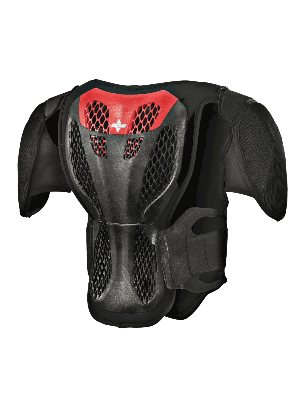 Alpinestars Youth A-5 S kropsbeskyttelse, set bagfra, sort og rød, med en beskyttende gitterstruktur-rygplade, ventileret honeycomb-struktur og integrerede skulderbeskyttere til off-road motocross-beskyttelse