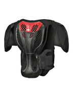 Alpinestars Youth A-5 S kropsbeskyttelse, set bagfra, sort og rød, med en beskyttende gitterstruktur-rygplade, ventileret honeycomb-struktur og integrerede skulderbeskyttere til off-road motocross-beskyttelse