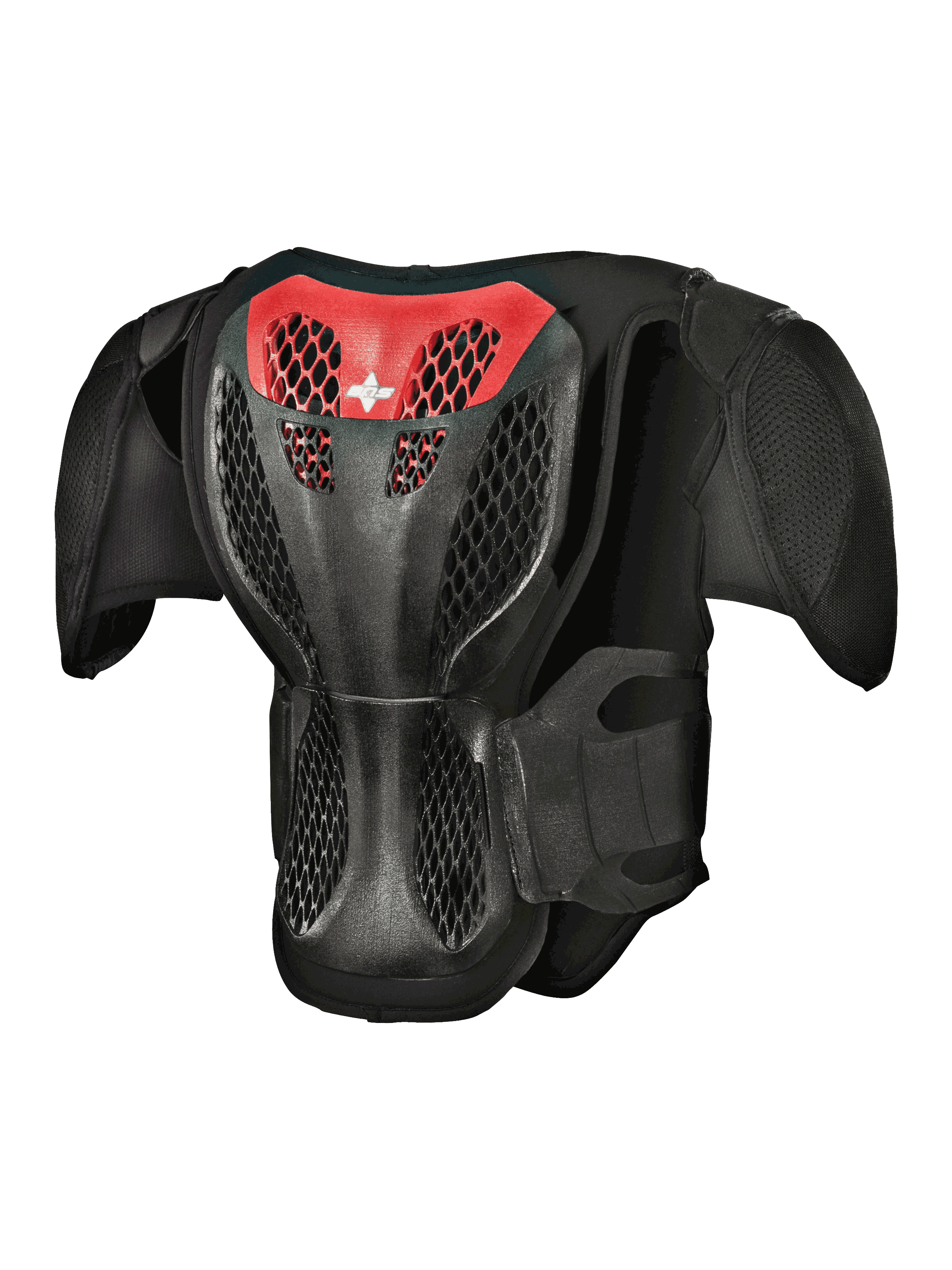 Alpinestars Youth A-5 S kropsbeskyttelse, set bagfra, sort og rød, med en beskyttende gitterstruktur-rygplade, ventileret honeycomb-struktur og integrerede skulderbeskyttere til off-road motocross-beskyttelse