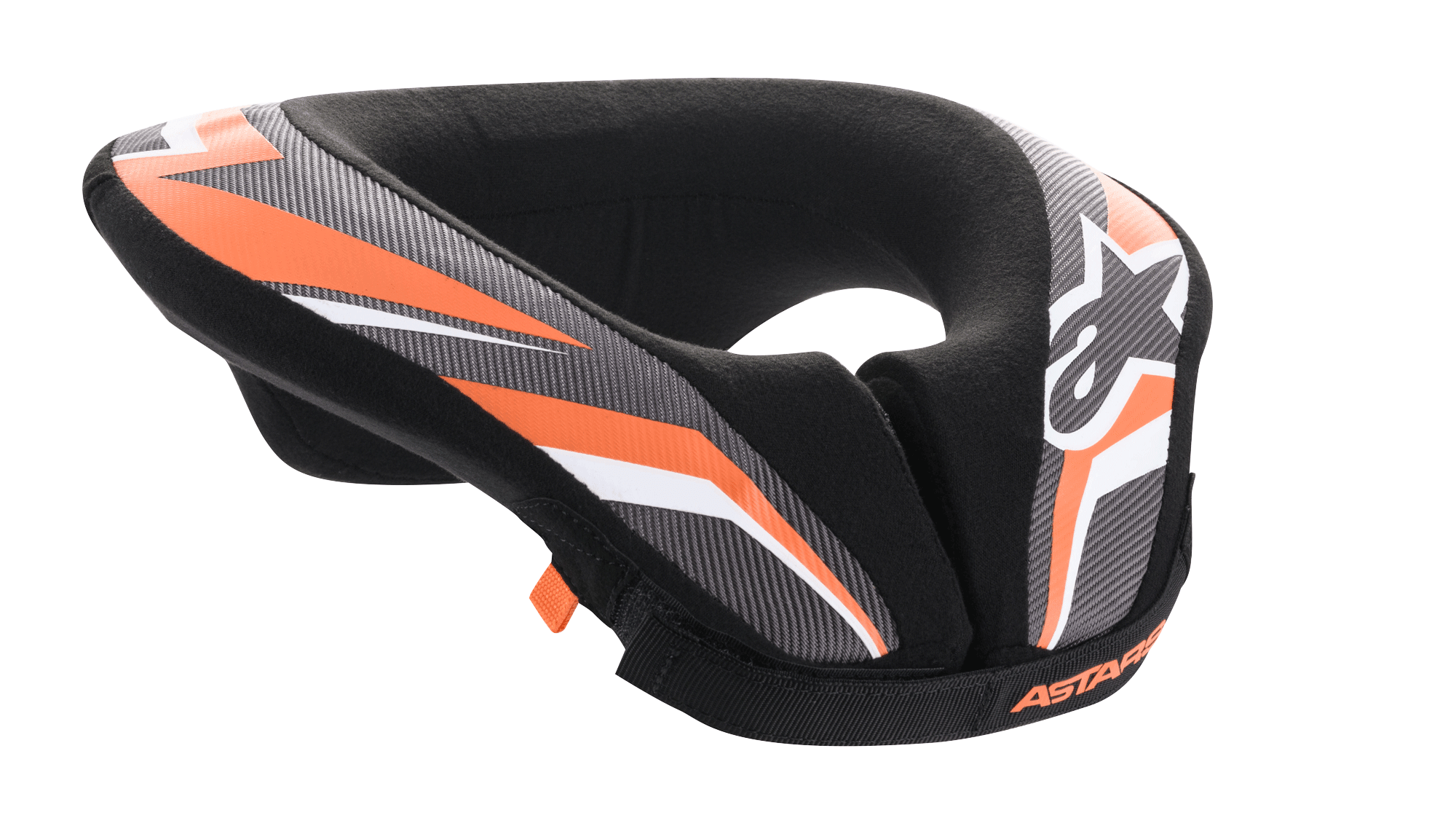 Alpinestars Youth Sequence Neck Roll, nakkebeskyttelse til motocross og MTB, sort antracit og orange, polstret U-formet design med forlænget hale for stabilitet, beskyttelsesudstyr til unge ryttere, med hvidt Alpinestars-logo