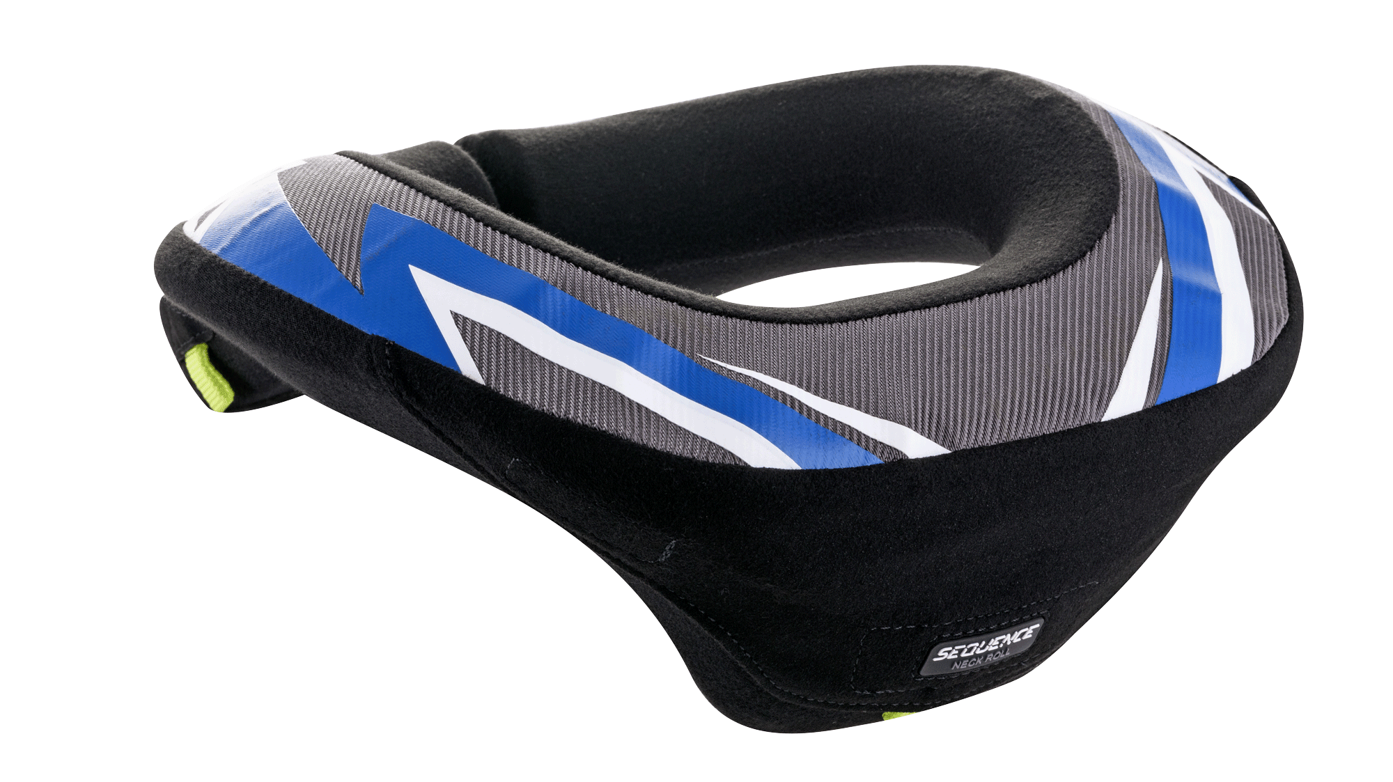Alpinestars Youth Sequence Neck Roll, nakkebeskytter til unge, sort, antracit og blå, ergonomisk design med forlænget bagkant for stabilitet, grå teksturerede paneler med blå og hvide grafiske detaljer, blødt sort indvendigt for, sikkerhedsudstyr til motocross og karting