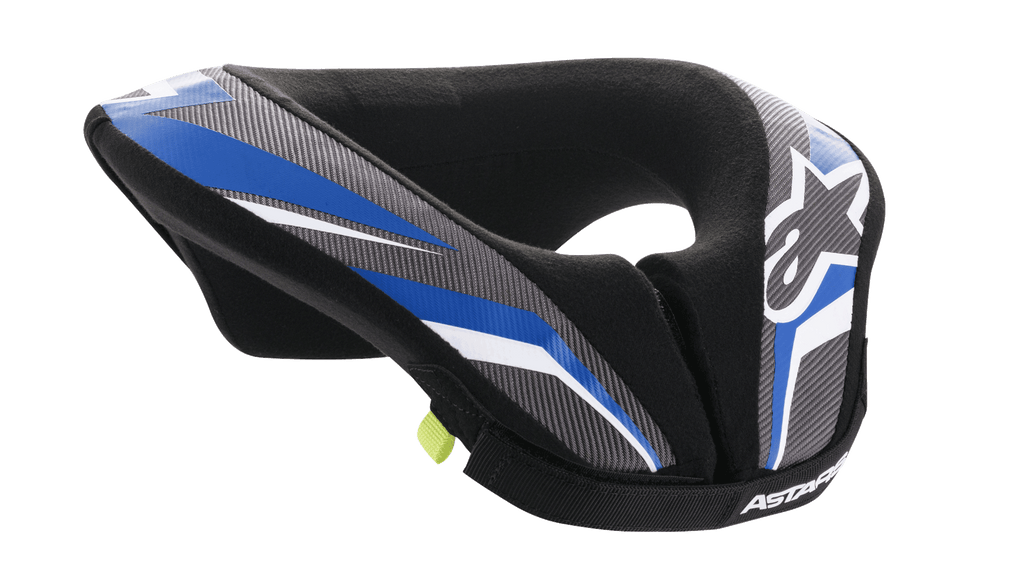 Alpinestars Youth Sequence Neck Roll, motocross nakkebeskytter til unge, sort, antracit og blå, ergonomisk polstret design med blå og grå mønstrede paneler, hvide detaljer og Alpinestars-branding, blødt indvendigt for for komfort