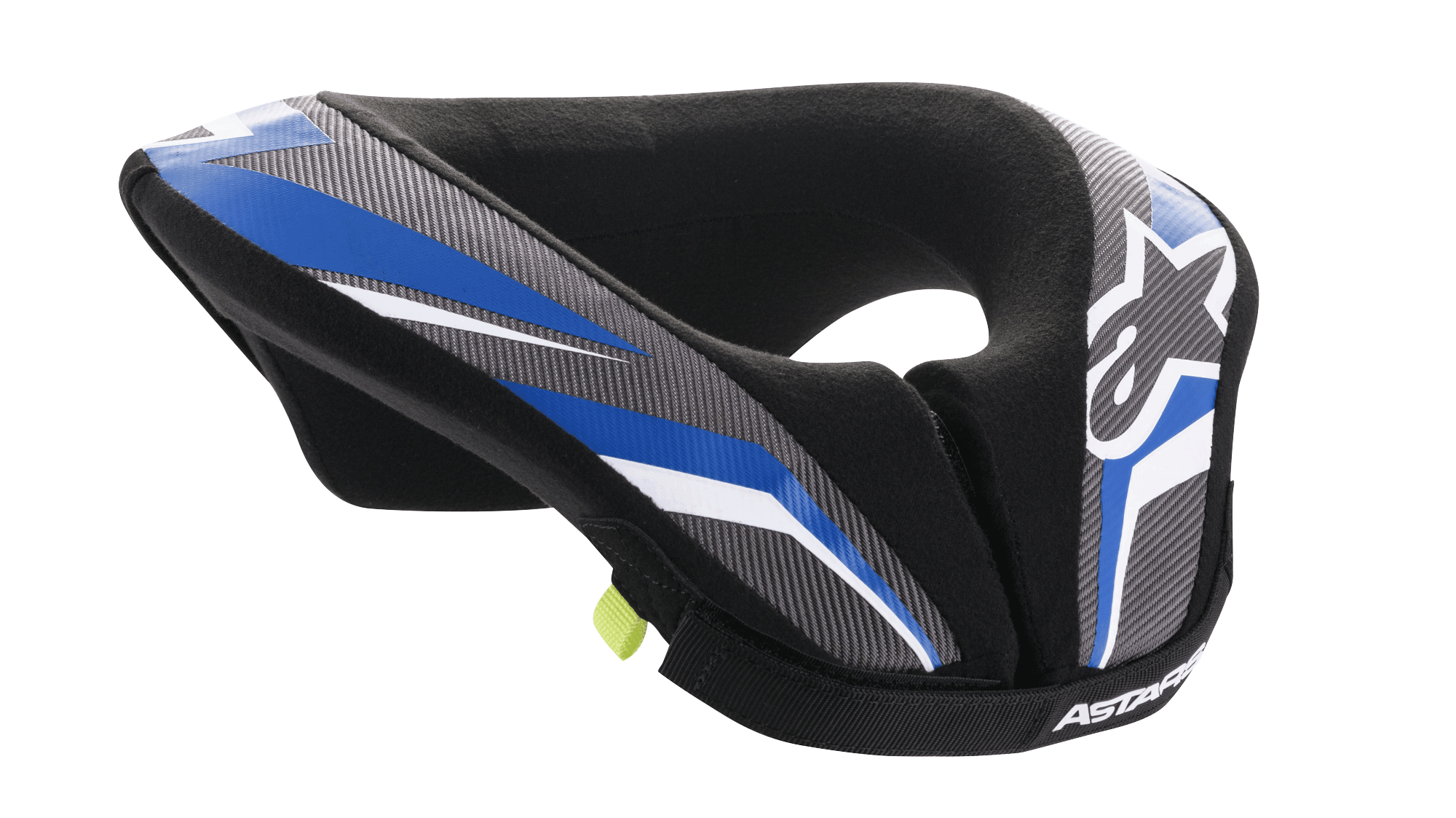 Alpinestars Youth Sequence Neck Roll, motocross nakkebeskytter til unge, sort, antracit og blå, ergonomisk polstret design med blå og grå mønstrede paneler, hvide detaljer og Alpinestars-branding, blødt indvendigt for for komfort
