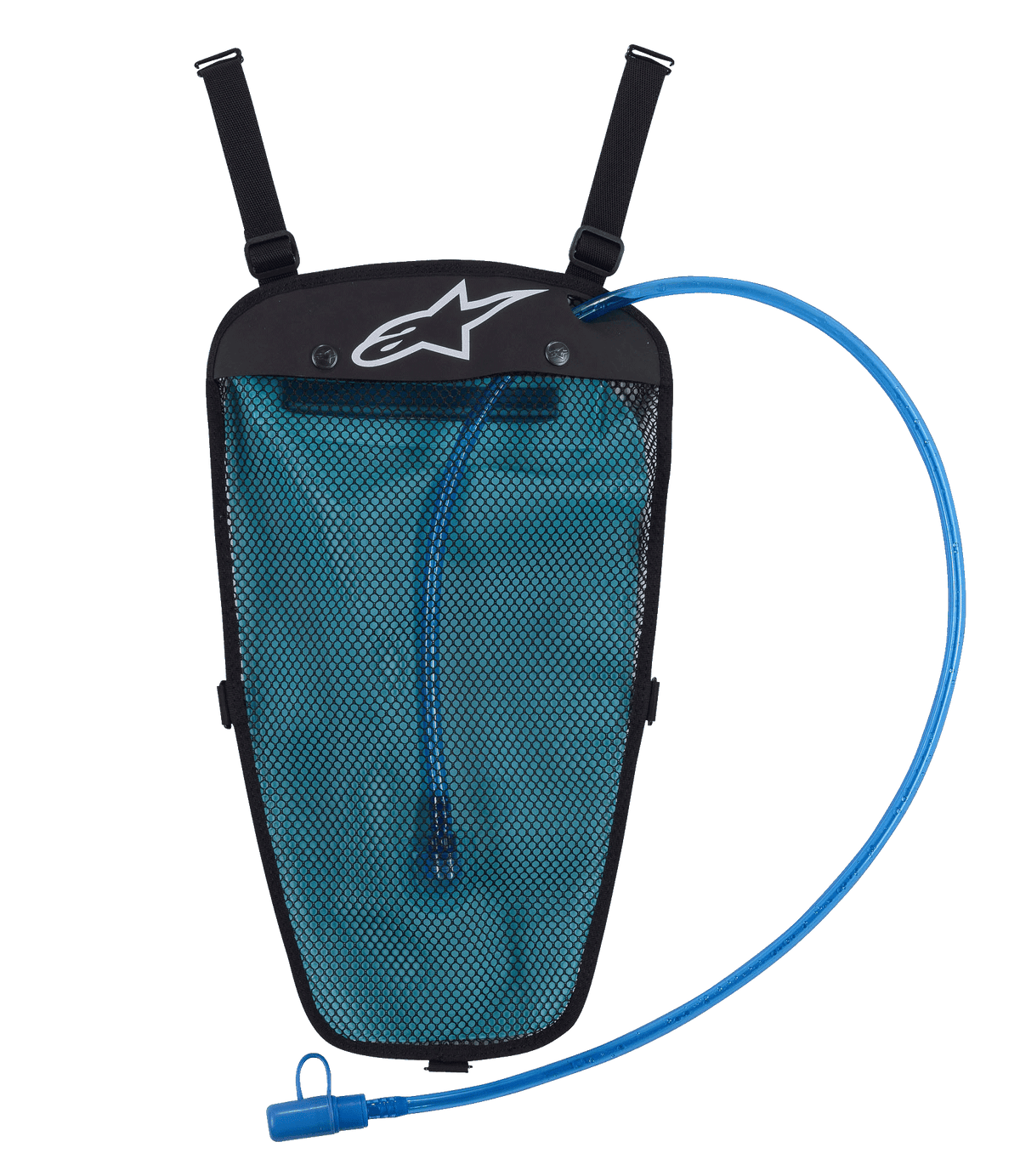 Alpinestars Hydration Pack, sort og blå, 1,5 l vandblære i mesh-lomme, blåt drikkerør med mundstykke, hvidt Astar-logo, justerbare stropper til integration med jakke, designet til off-road- og adventure-kørsel