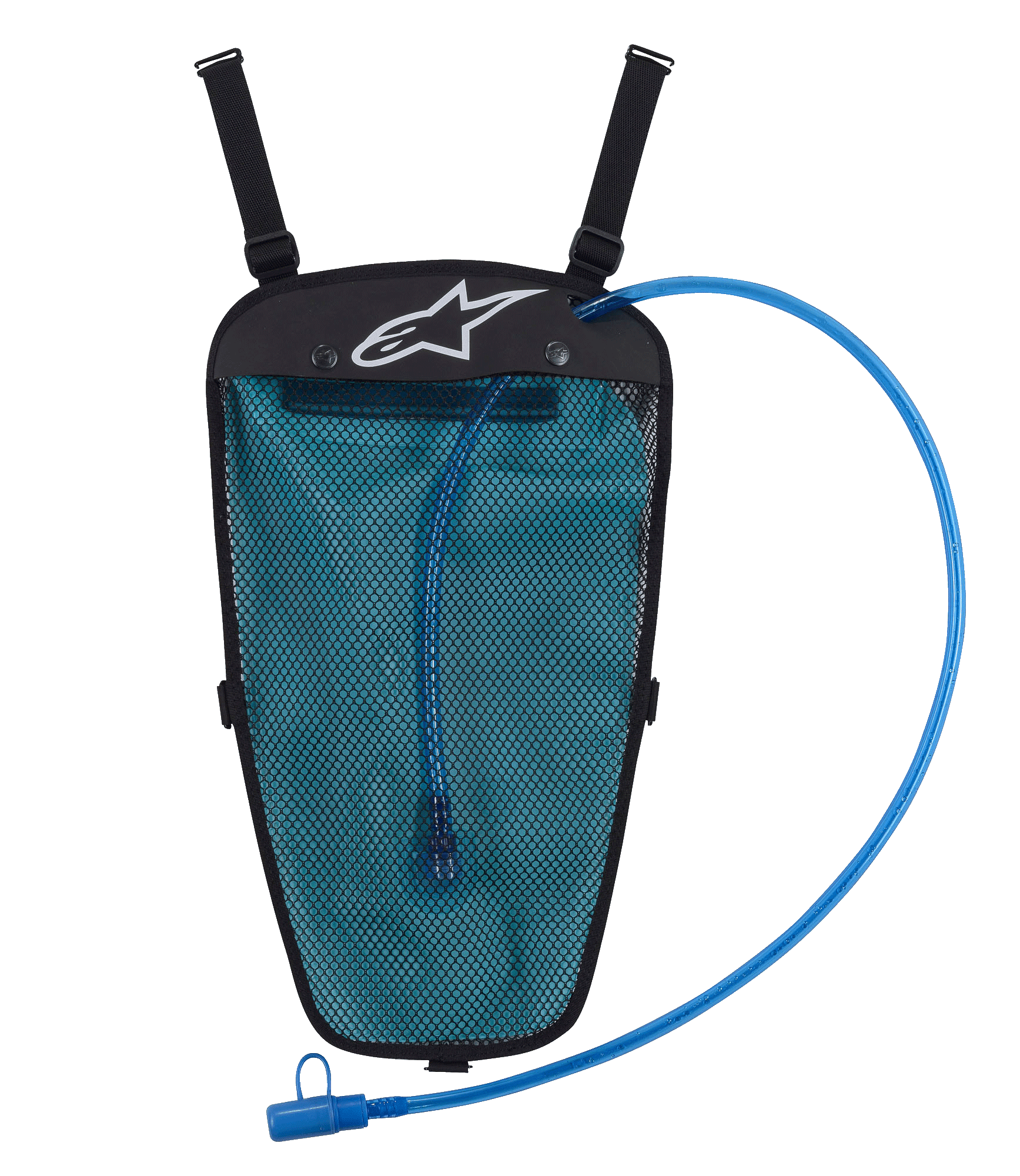 Alpinestars Hydration Pack, sort og blå, 1,5 l vandblære i mesh-lomme, blåt drikkerør med mundstykke, hvidt Astar-logo, justerbare stropper til integration med jakke, designet til off-road- og adventure-kørsel