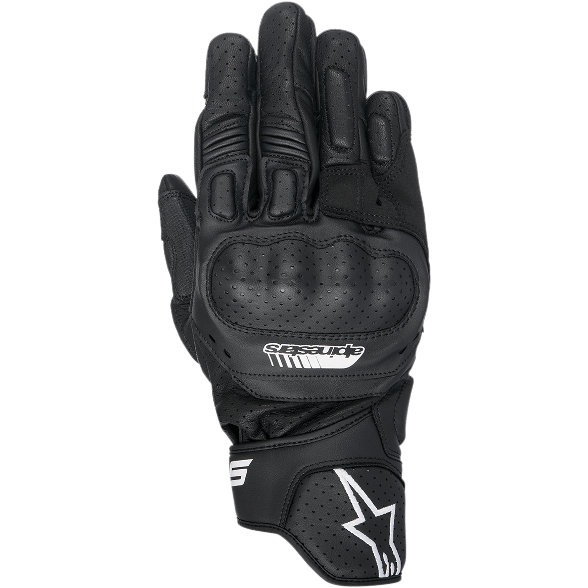Alpinestars SP-5 handsker, motorcykel racinghandsker, sort, perforeret læder med integreret polymer-knobeskyttelse, polstrede fingre, hvidt Alpinestars-logo på manchetten, sportsligt design med kort manchet