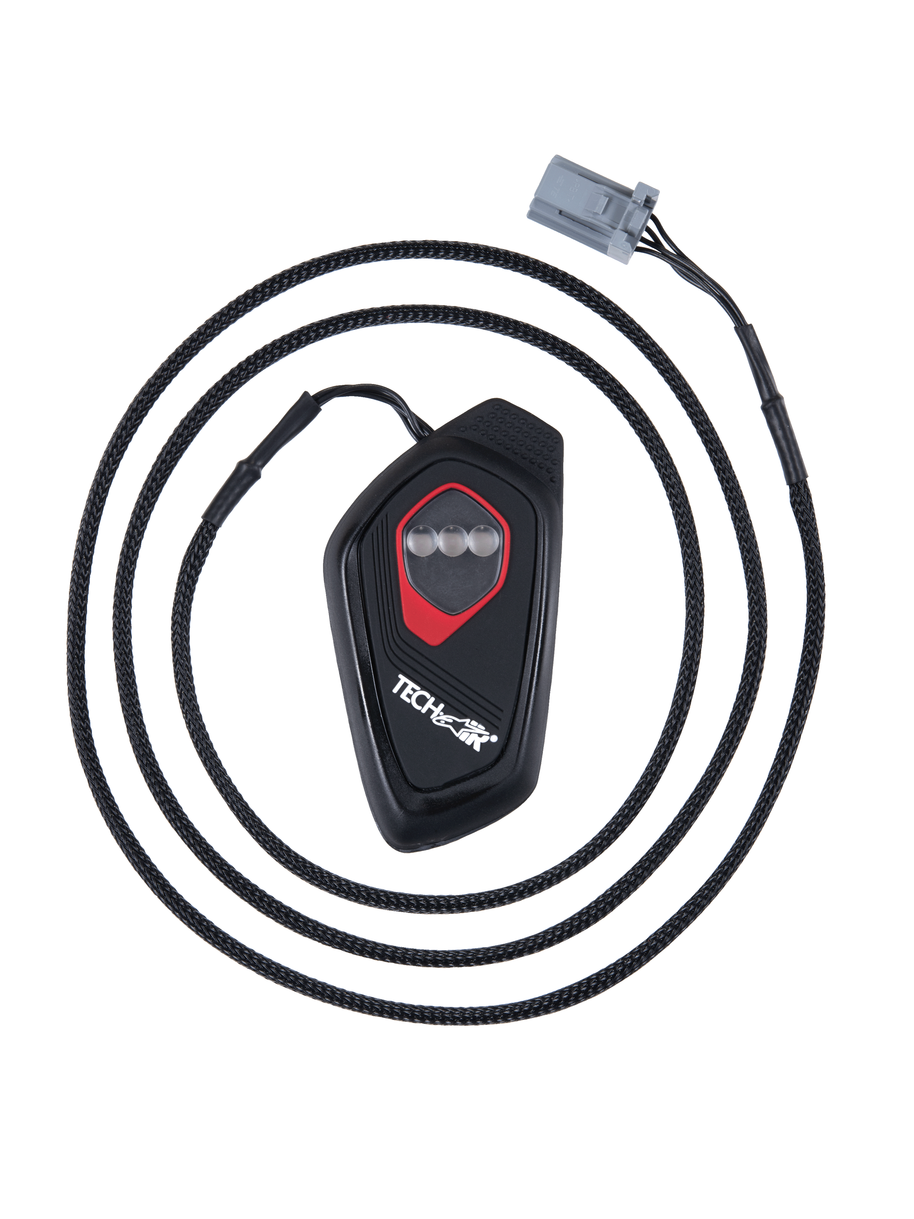 Alpinestars Tech-Air® 7X LED-display, sort dråbeformet elektronisk kontrolenhed med rød kant, tre cirkulære LED-indikatorer, flettet kabel med gråt stik, displaymodul til motorcykel-airbagsystem