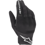 Alpinestars Copper handsker, urbane motorcykelhandsker, sort og hvid, set fra håndryggen, mesh- og tekstilkonstruktion, hvidt Alpinestars-logo på håndleddet og skrift på pegefingeren, harmonika-strækpaneler og integreret knobeskyttelse