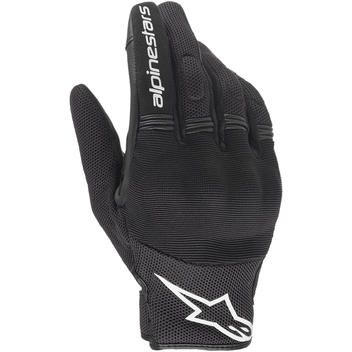 Alpinestars Copper handsker, urbane motorcykelhandsker, sort og hvid, set fra håndryggen, mesh- og tekstilkonstruktion, hvidt Alpinestars-logo på håndleddet og skrift på pegefingeren, harmonika-strækpaneler og integreret knobeskyttelse