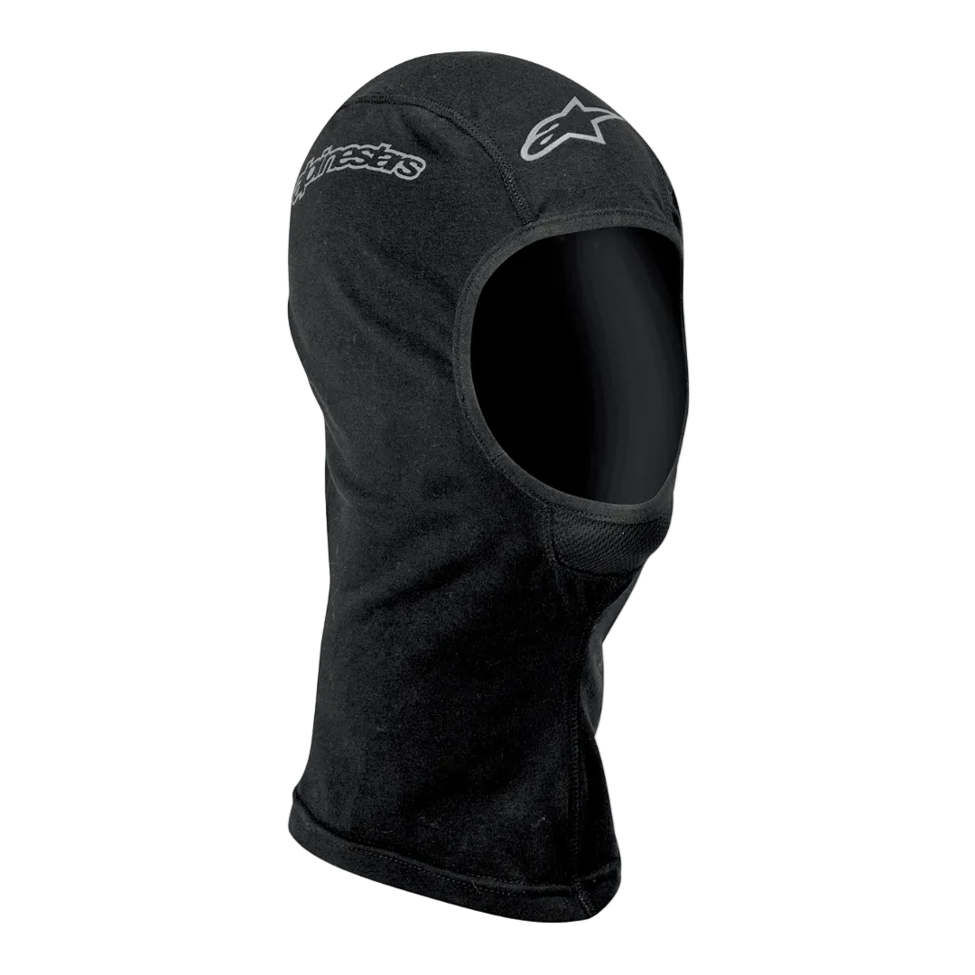 Alpinestars Balaclava Med Åbent Ansigt, motorcykelbalaclava og basislag, unisex, sort med sølv logoer, fugttransporterende tekstil, ergonomisk design med flade sømme og forlænget hals for vindbeskyttelse.