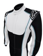Alpinestars Tech Vision V3 Custom Suit, Auto Racing Suit, Black and White with light blue accents, featuring shoulder epaulettes with Alpinestars logo, professional motorsport design