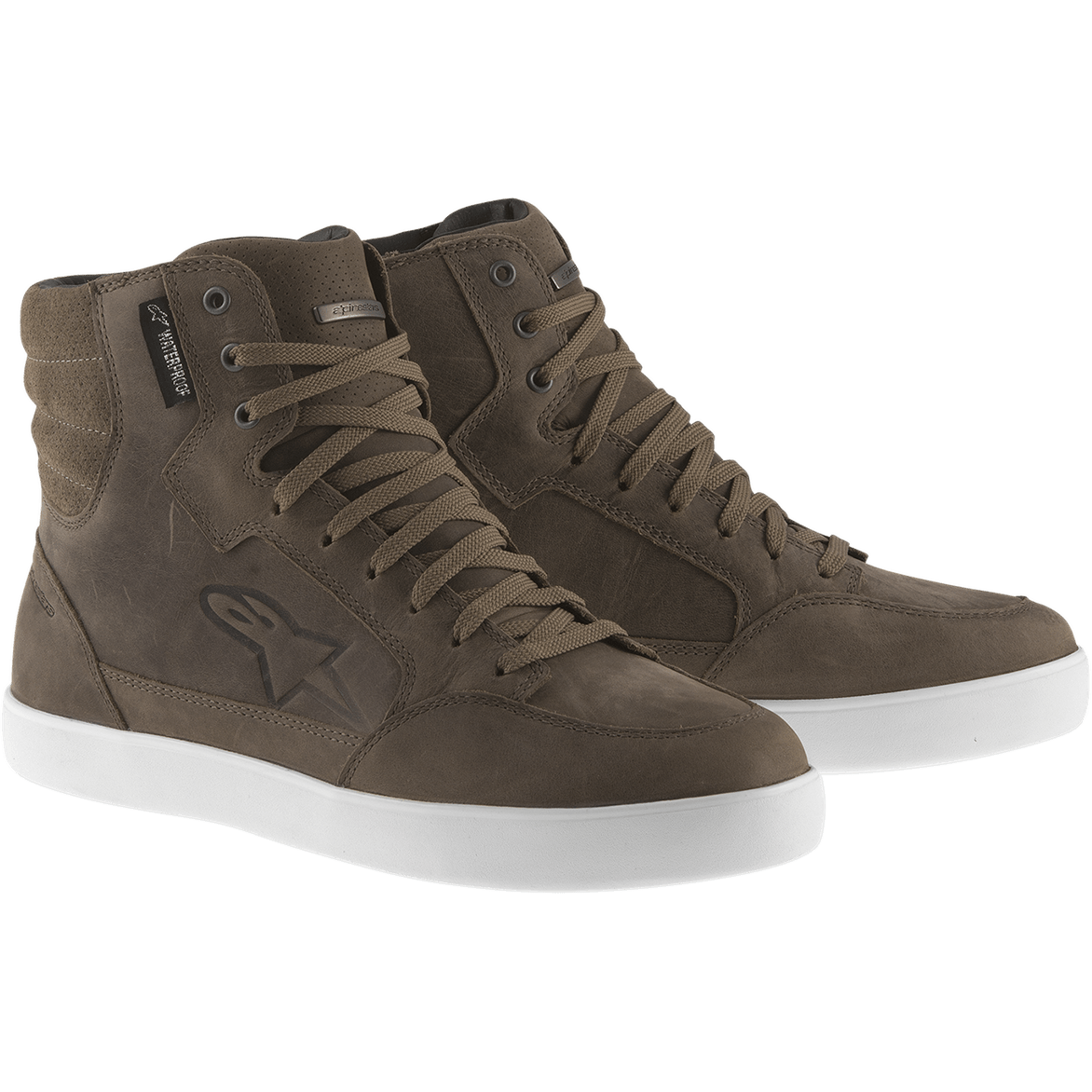 Alpinestars J-6 Waterproof sko, brune højhalset sneakers, hvide gummisåler, casual urban motorcykelfodtøj, overdel i brunt læder, polstret ankelkrave og metal-snørehuller