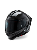 Alpinestars Supertech R10 Solid hjelm, motorcykel racinghjelm, sort karbon mat og blank, med synlig kulfibervævning, mørkt tonet visir, hvide Astars-logoer, strømlinet aerodynamisk design