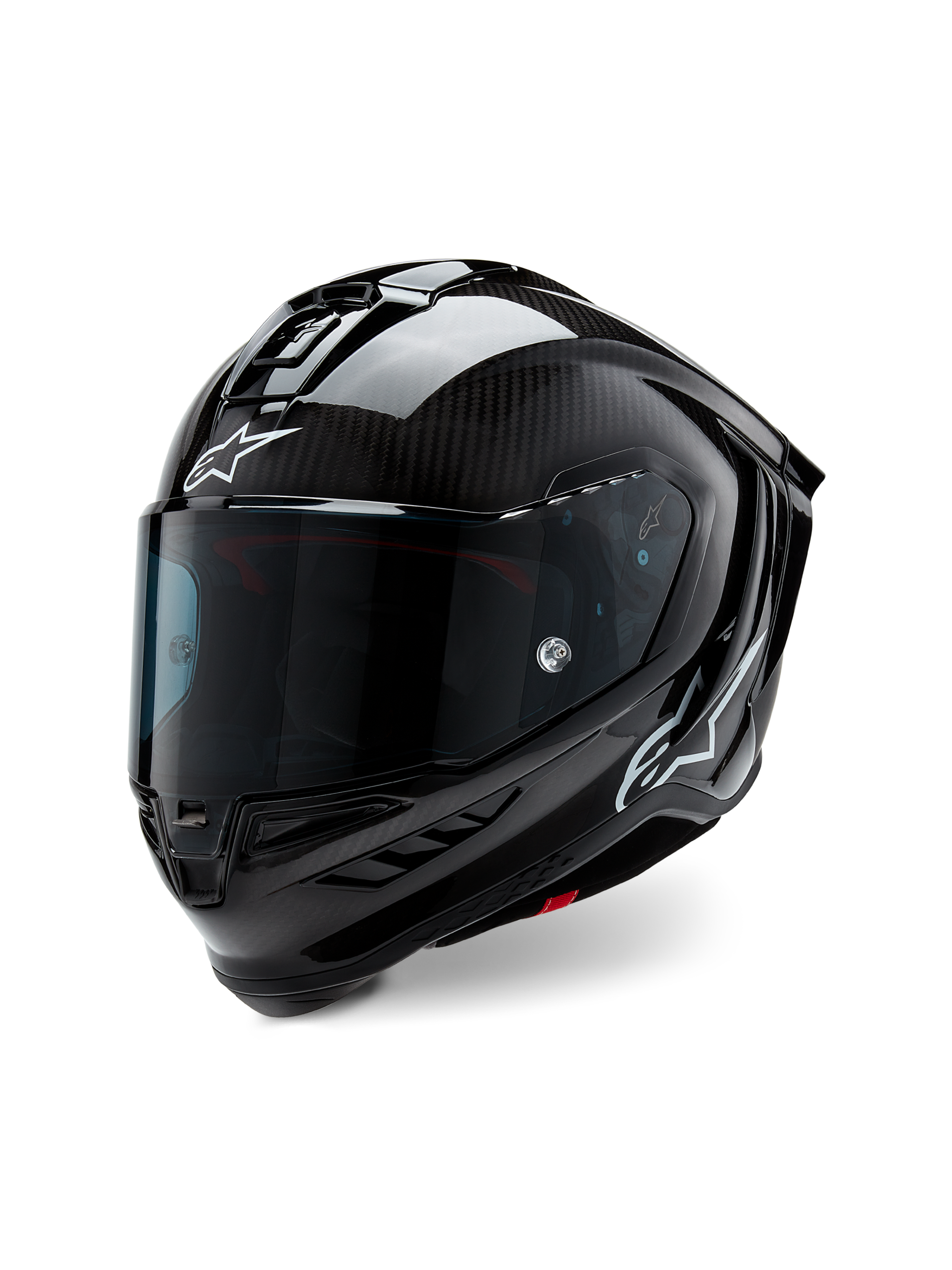 Alpinestars Supertech R10 Solid hjelm, motorcykel racinghjelm, sort karbon mat og blank, med synlig kulfibervævning, mørkt tonet visir, hvide Astars-logoer, strømlinet aerodynamisk design