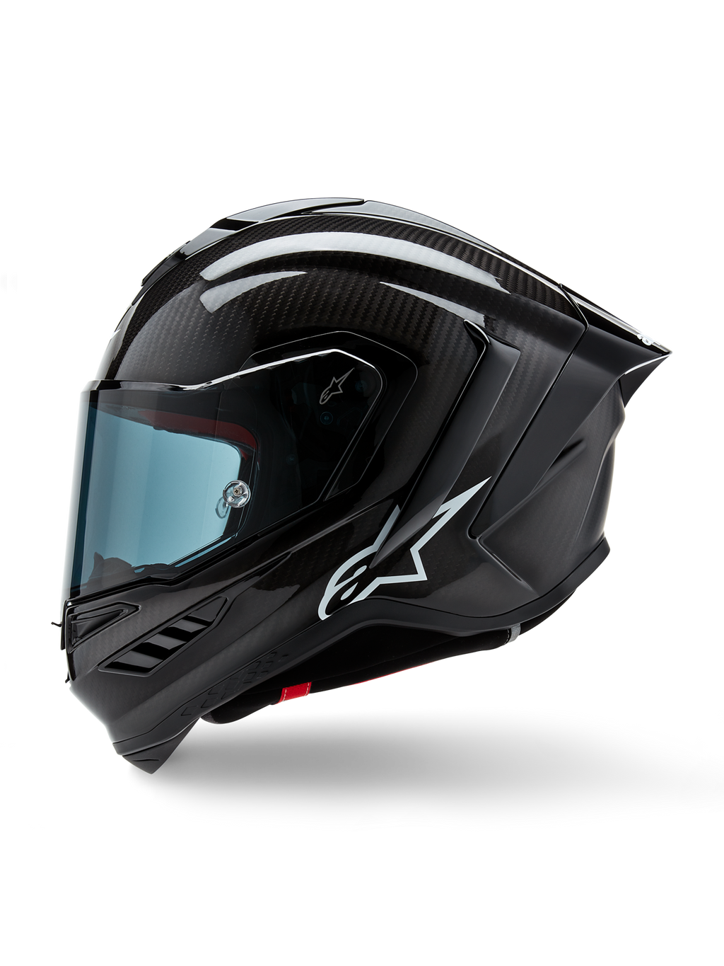 Alpinestars Supertech R10 Solid hjelm, full-face motorcykel-racerhjelm, sort karbon mat og blank, synligt kulfibervævsmønster, hvidt Alpinestars-logo på siden, aerodynamisk design med integreret hækspoiler og ventilationsåbninger, sideprofil