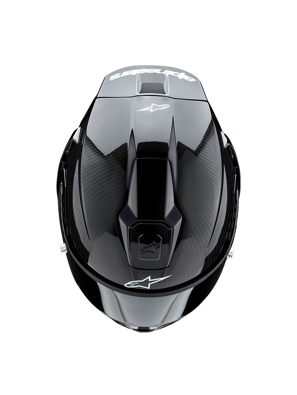 Alpinestars Supertech R10 Solid hjelm, set oppefra, sort kulfiber mat og blank, viser kulfibertekstur på siderne, blank midtersektion, aerodynamiske ventiler og hvidt Alpinestars-logo foran og bagpå