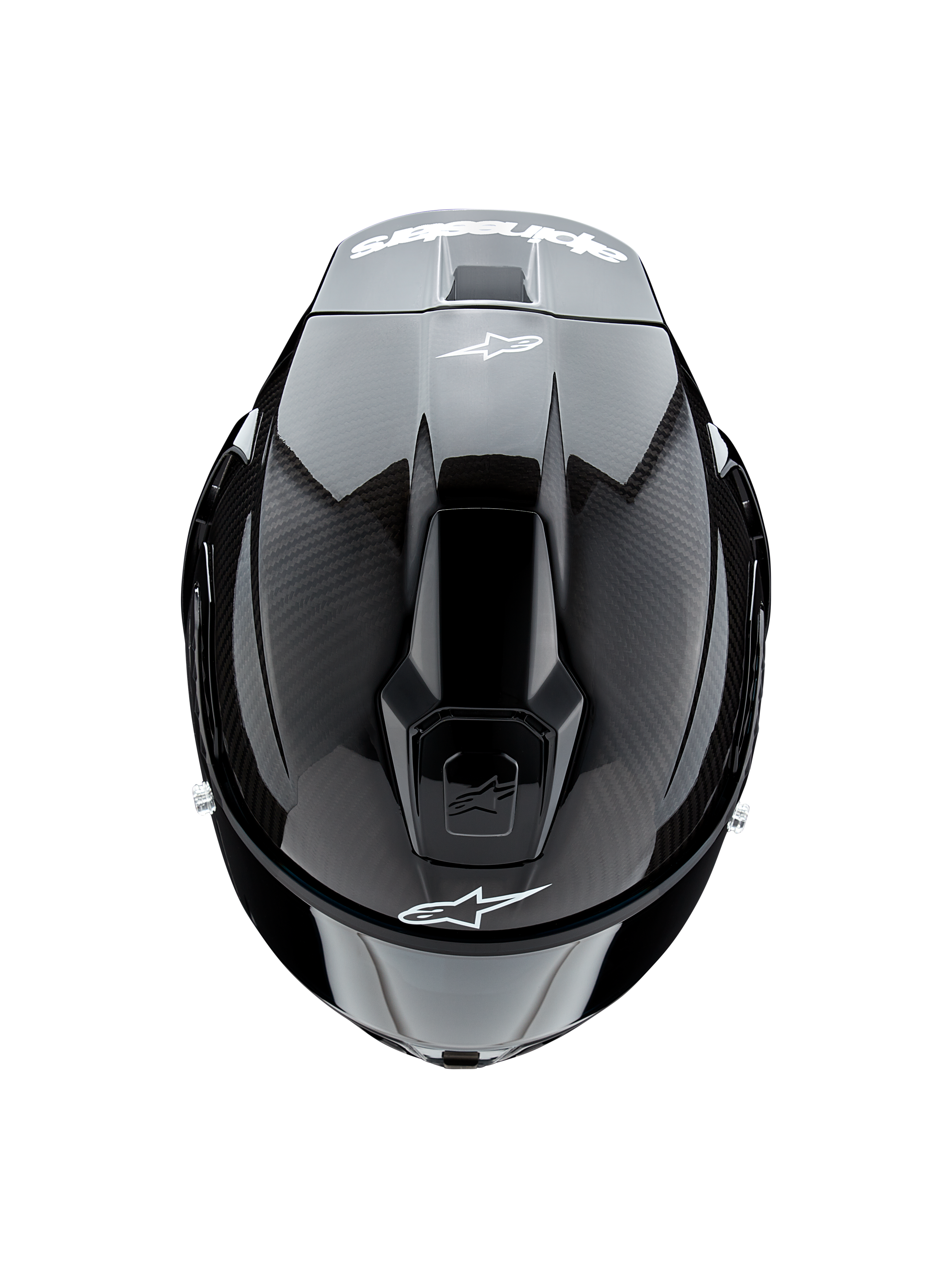 Alpinestars Supertech R10 Solid hjelm, set oppefra, sort kulfiber mat og blank, viser kulfibertekstur på siderne, blank midtersektion, aerodynamiske ventiler og hvidt Alpinestars-logo foran og bagpå