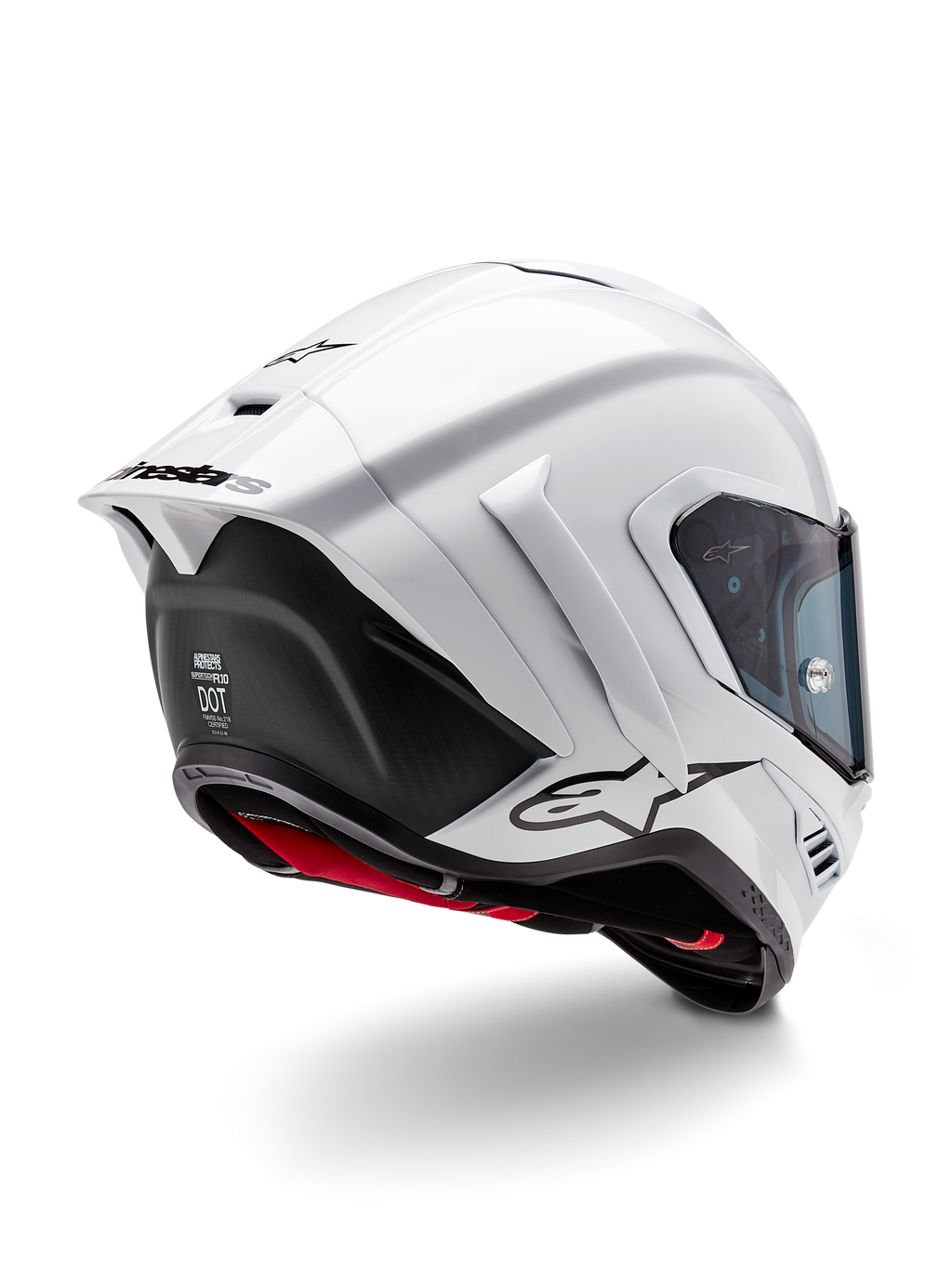 Alpinestars Supertech R10 Solid hjelm, full-face motorcykel-racerhjelm, blank hvid og mat sort, tre-fjerdedels visning bagfra med aerodynamisk spoiler, side-winglets og sort logo-branding