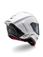 Alpinestars Supertech R10 Solid hjelm, full-face motorcykel-racerhjelm, blank hvid og mat sort, tre-fjerdedels visning bagfra med aerodynamisk spoiler, side-winglets og sort logo-branding