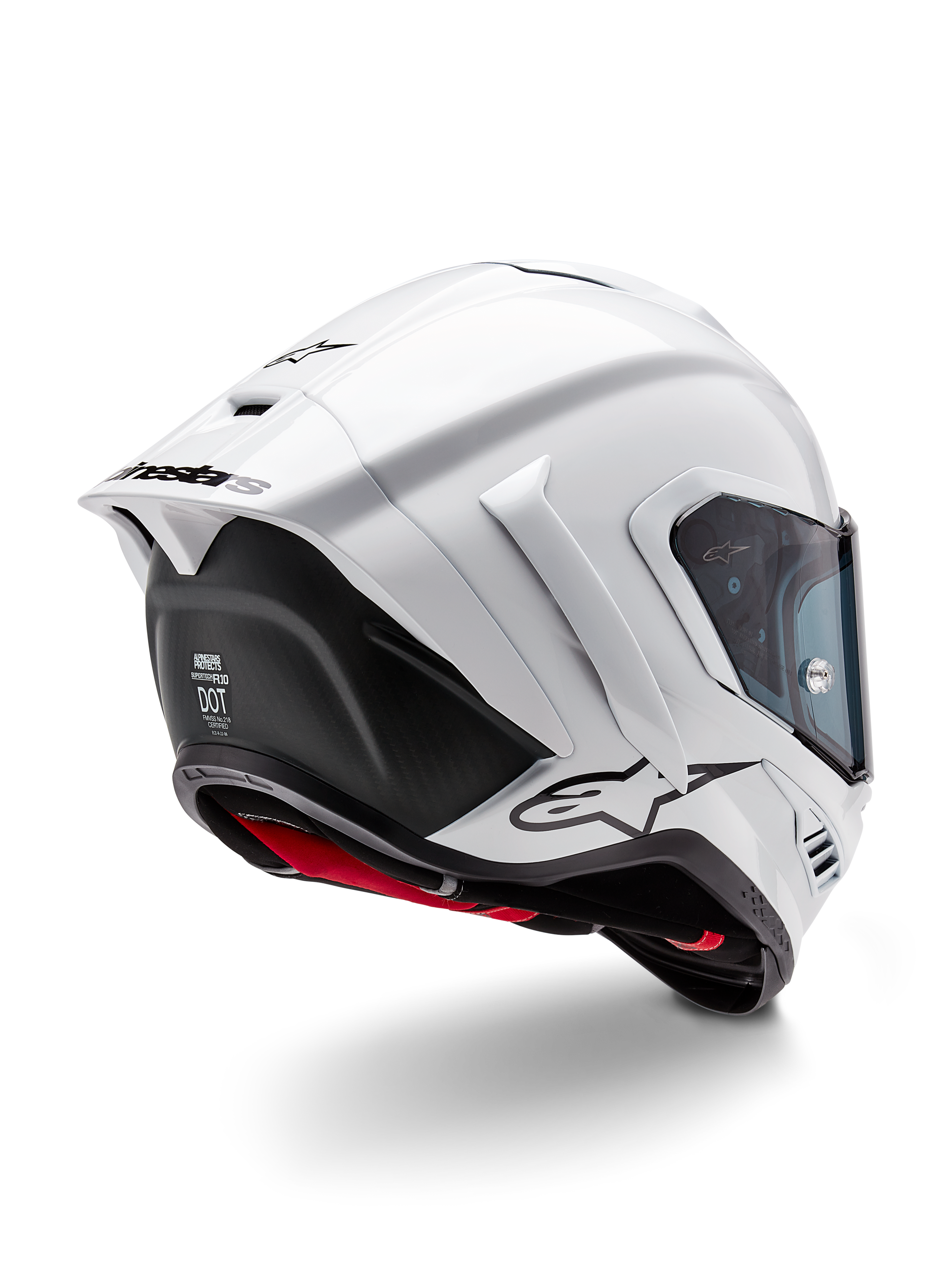 Alpinestars Supertech R10 Solid hjelm, full-face motorcykel-racerhjelm, blank hvid og mat sort, tre-fjerdedels visning bagfra med aerodynamisk spoiler, side-winglets og sort logo-branding