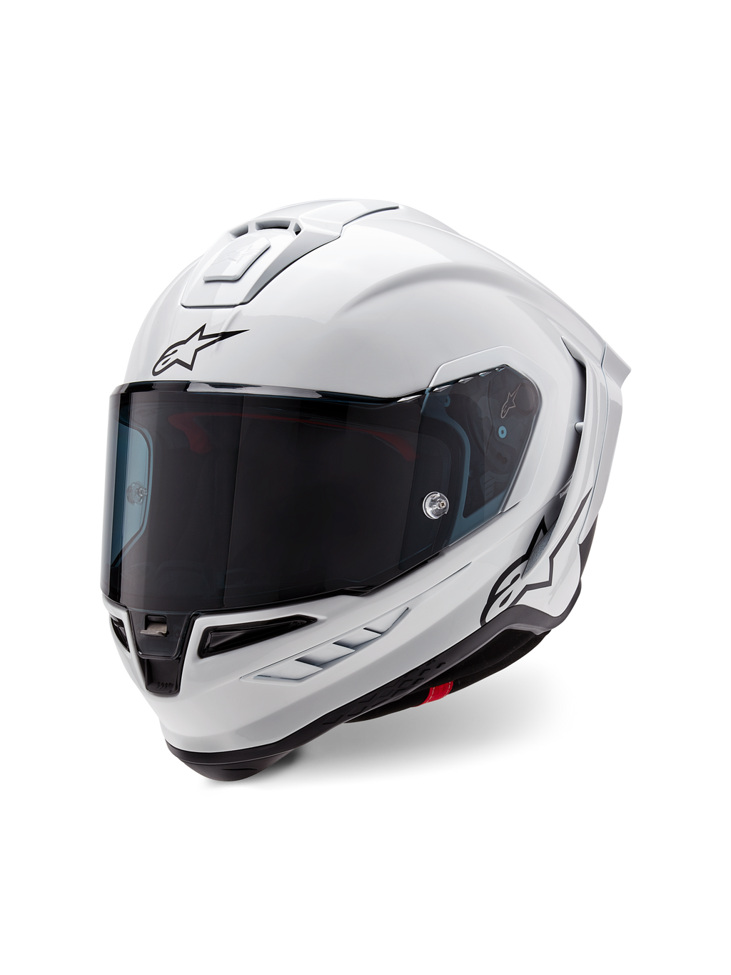 Alpinestars Supertech R10 Solid hjelm, fullface racerhjelm, blank hvid med sorte detaljer, med mørkt tonet visir, aerodynamisk skaldesign og Alpinestars-logo på fronten og siden