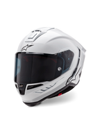 Alpinestars Supertech R10 Solid hjelm, fullface racerhjelm, blank hvid med sorte detaljer, med mørkt tonet visir, aerodynamisk skaldesign og Alpinestars-logo på fronten og siden