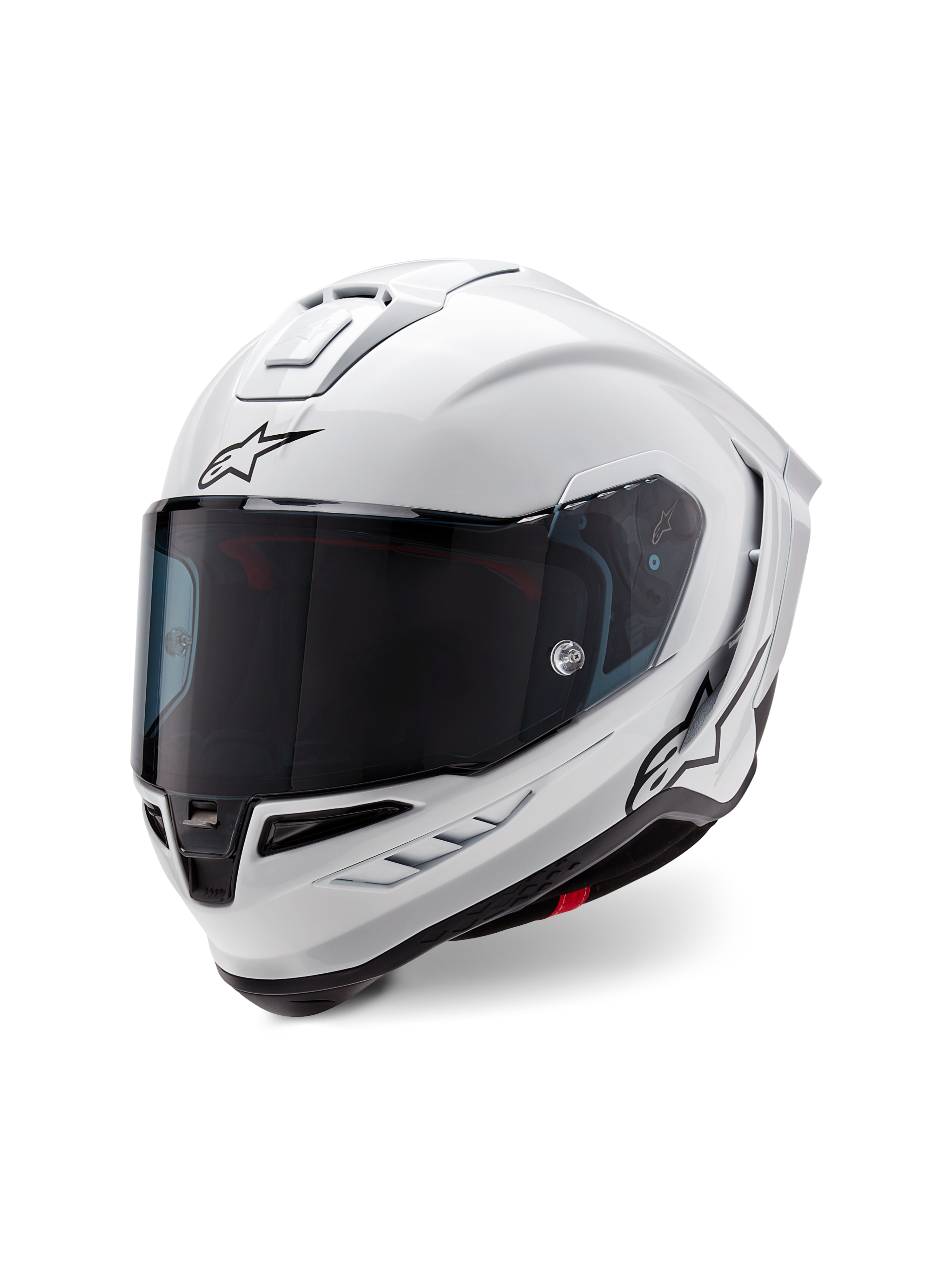 Alpinestars Supertech R10 Solid hjelm, fullface racerhjelm, blank hvid med sorte detaljer, med mørkt tonet visir, aerodynamisk skaldesign og Alpinestars-logo på fronten og siden