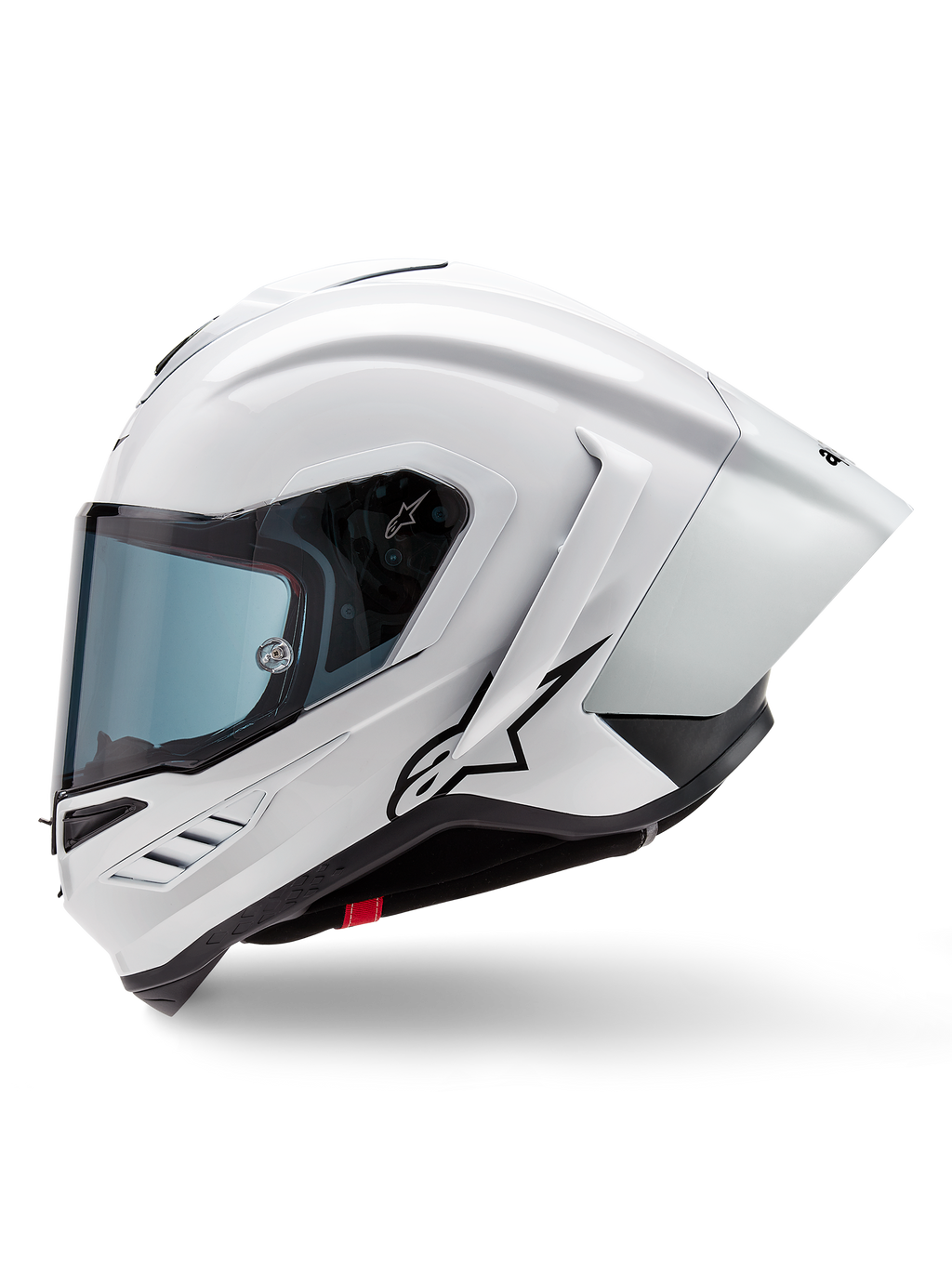 Alpinestars Supertech R10 Solid hjelm, full-face racerhjelm, hvid blank og sort mat, sideprofil med integreret aerodynamisk spoiler og tonet visir, sort Alpinestars stjernelogo