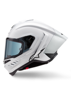 Alpinestars Supertech R10 Solid hjelm, full-face racerhjelm, hvid blank og sort mat, sideprofil med integreret aerodynamisk spoiler og tonet visir, sort Alpinestars stjernelogo