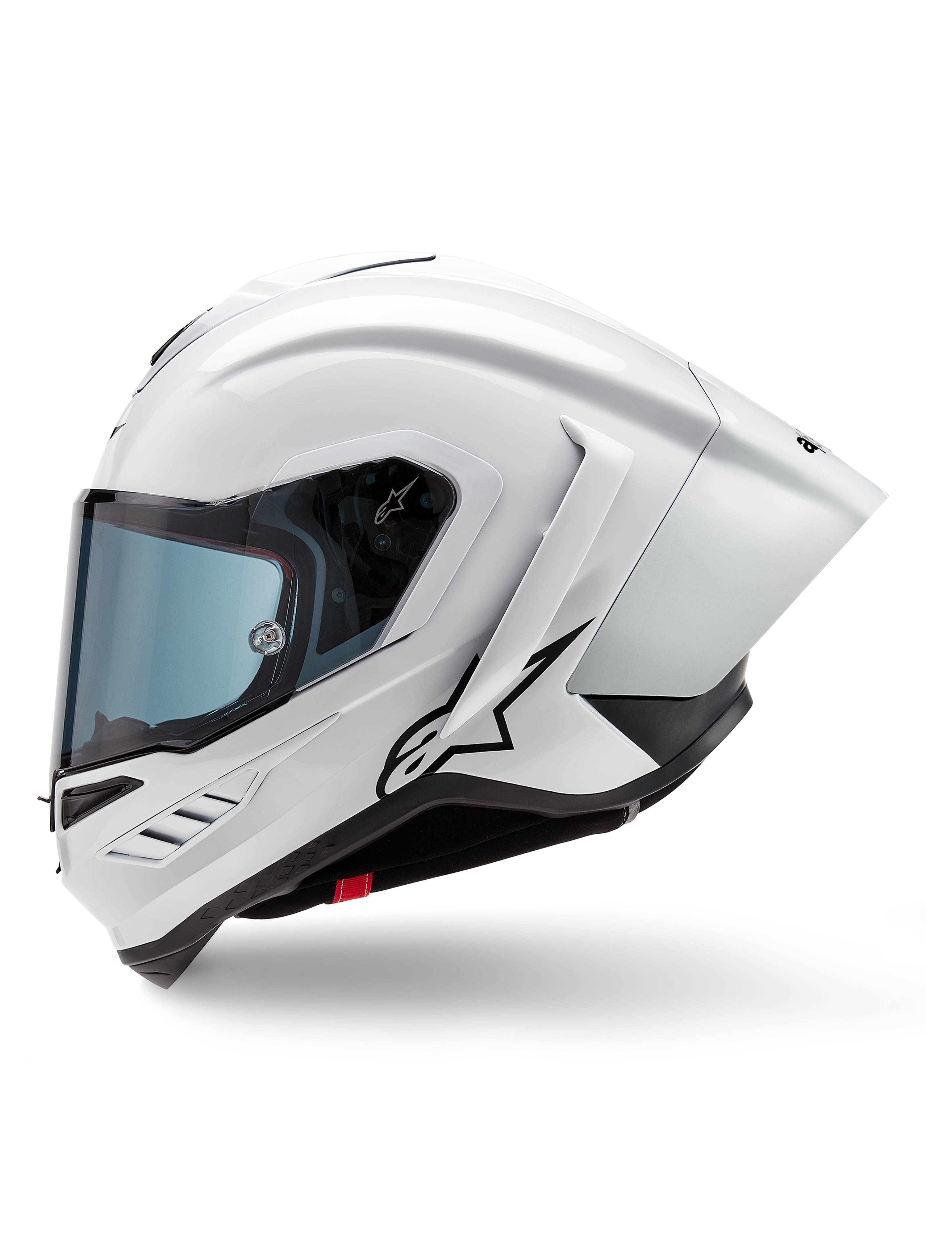 Alpinestars Supertech R10 Solid hjelm, full-face racerhjelm, hvid blank og sort mat, sideprofil med integreret aerodynamisk spoiler og tonet visir, sort Alpinestars stjernelogo