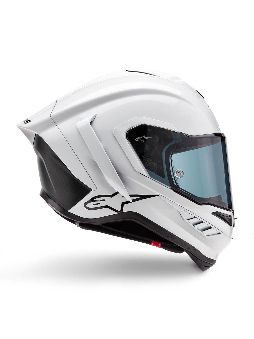 Alpinestars Supertech R10 Solid hjelm, hvid blank og sort mat motorcykelracerhjelm, profilvisning fra siden, aerodynamisk design med winglets bagpå og sideventilation, blåtonet visir, med sort Alpinestars stjernelogo på siden
