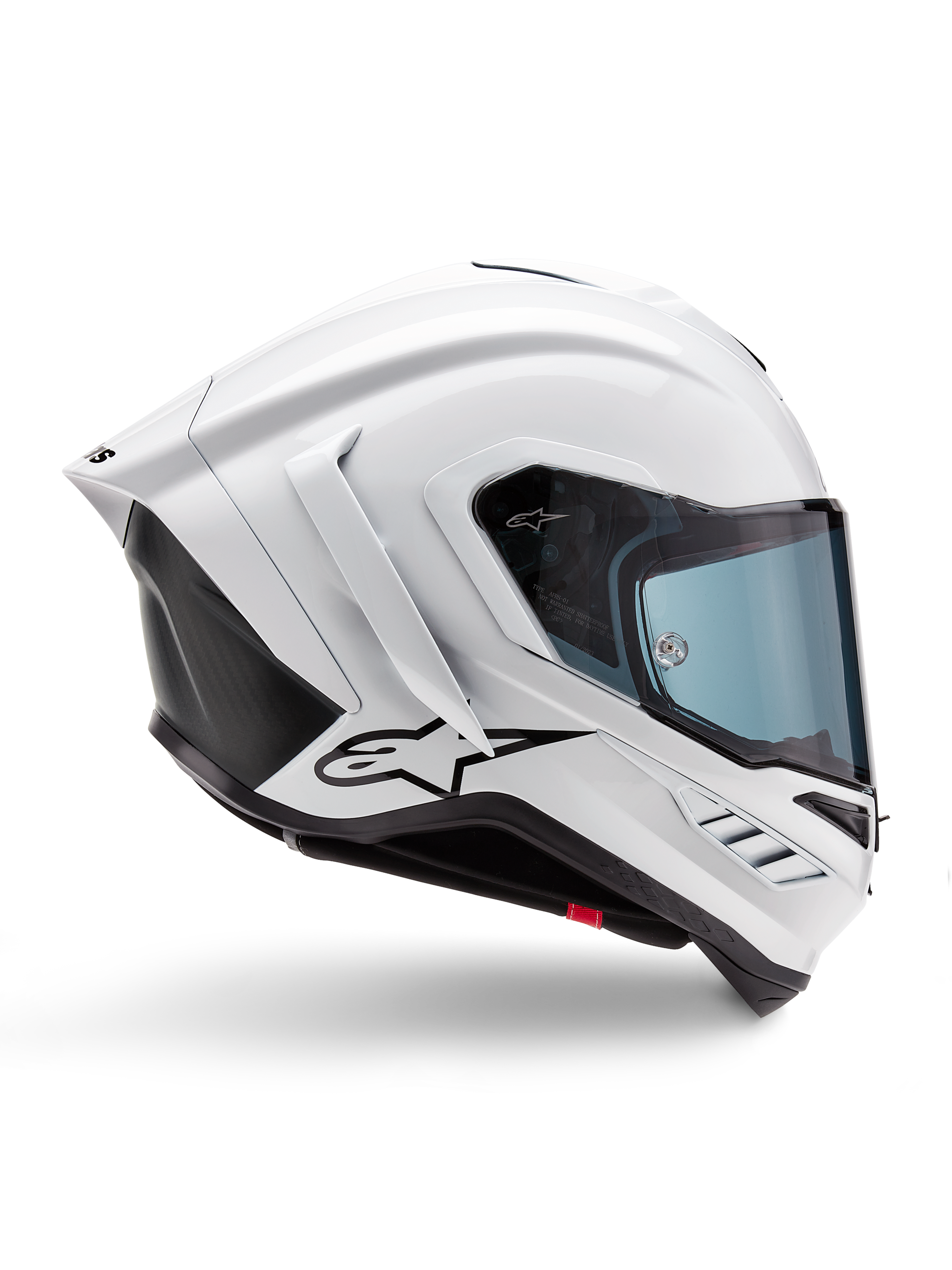 Alpinestars Supertech R10 Solid hjelm, hvid blank og sort mat motorcykelracerhjelm, profilvisning fra siden, aerodynamisk design med winglets bagpå og sideventilation, blåtonet visir, med sort Alpinestars stjernelogo på siden