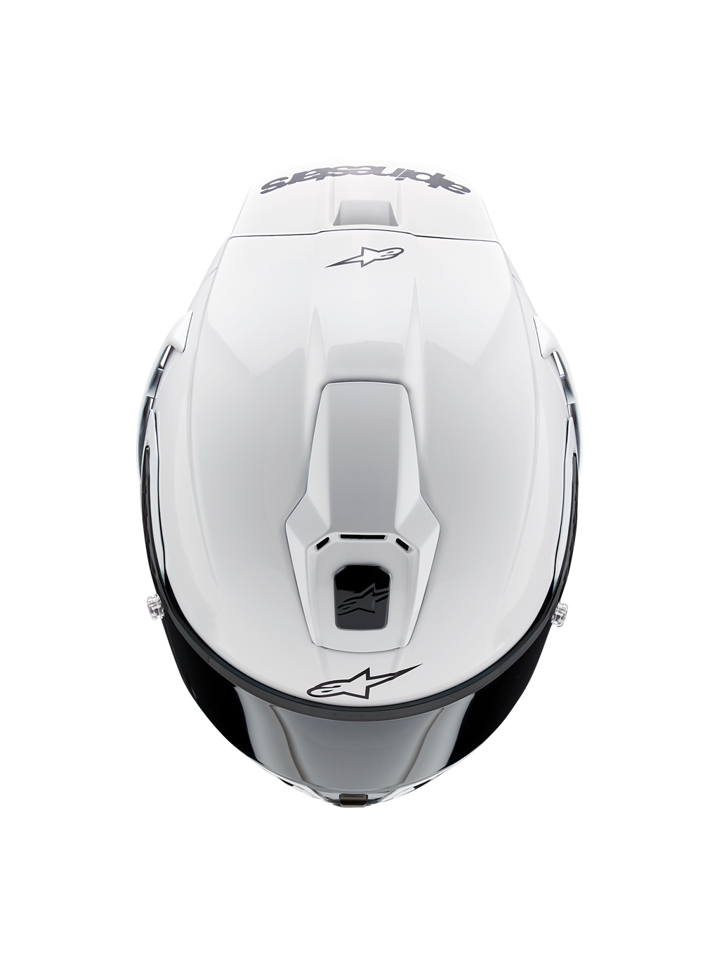 Alpinestars Supertech R10 Solid hjelm, fullface motorcykelhjelm, blank hvid, set oppefra med fokus på aerodynamiske ventiler og sorte Alpinestars-logoer, strømlinet racing-inspireret profil