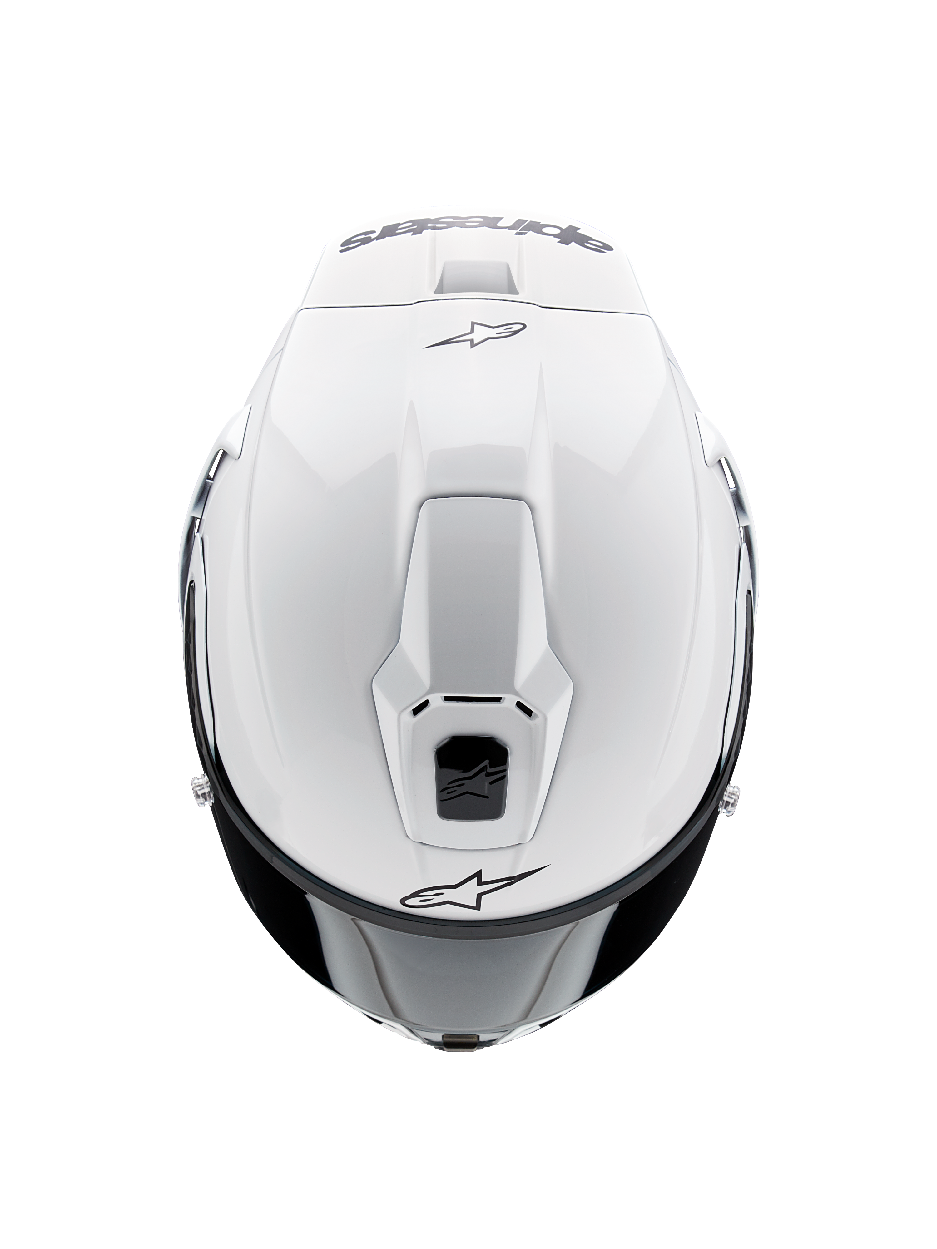 Alpinestars Supertech R10 Solid hjelm, fullface motorcykelhjelm, blank hvid, set oppefra med fokus på aerodynamiske ventiler og sorte Alpinestars-logoer, strømlinet racing-inspireret profil