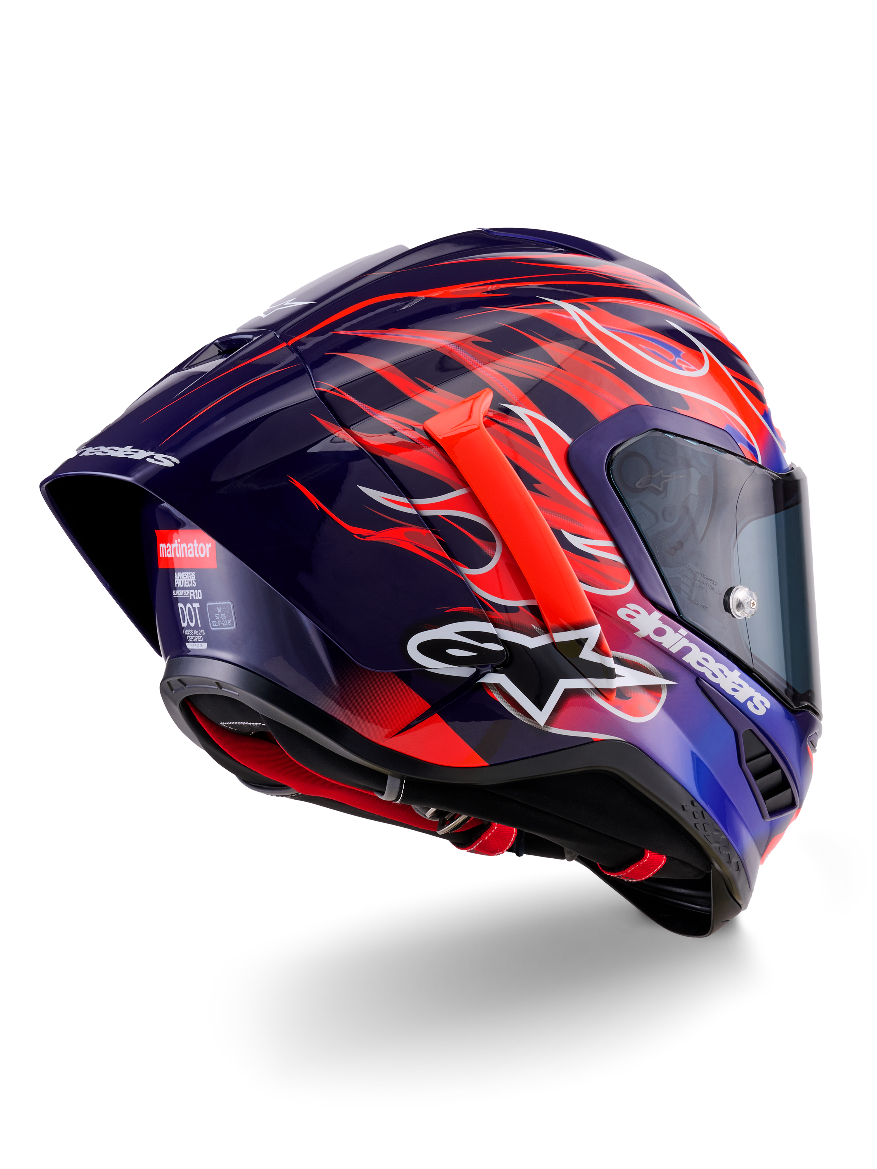 Alpinestars Supertech R10 Limited Edition Flyte Hjelm, full-face racinghjelm, blank dyb lilla og blå med orange og røde flamme-grafikker, med hvidt Alpinestars-logo og aerodynamisk bagspoiler, højtydende hovedbeskyttelse til motorsport