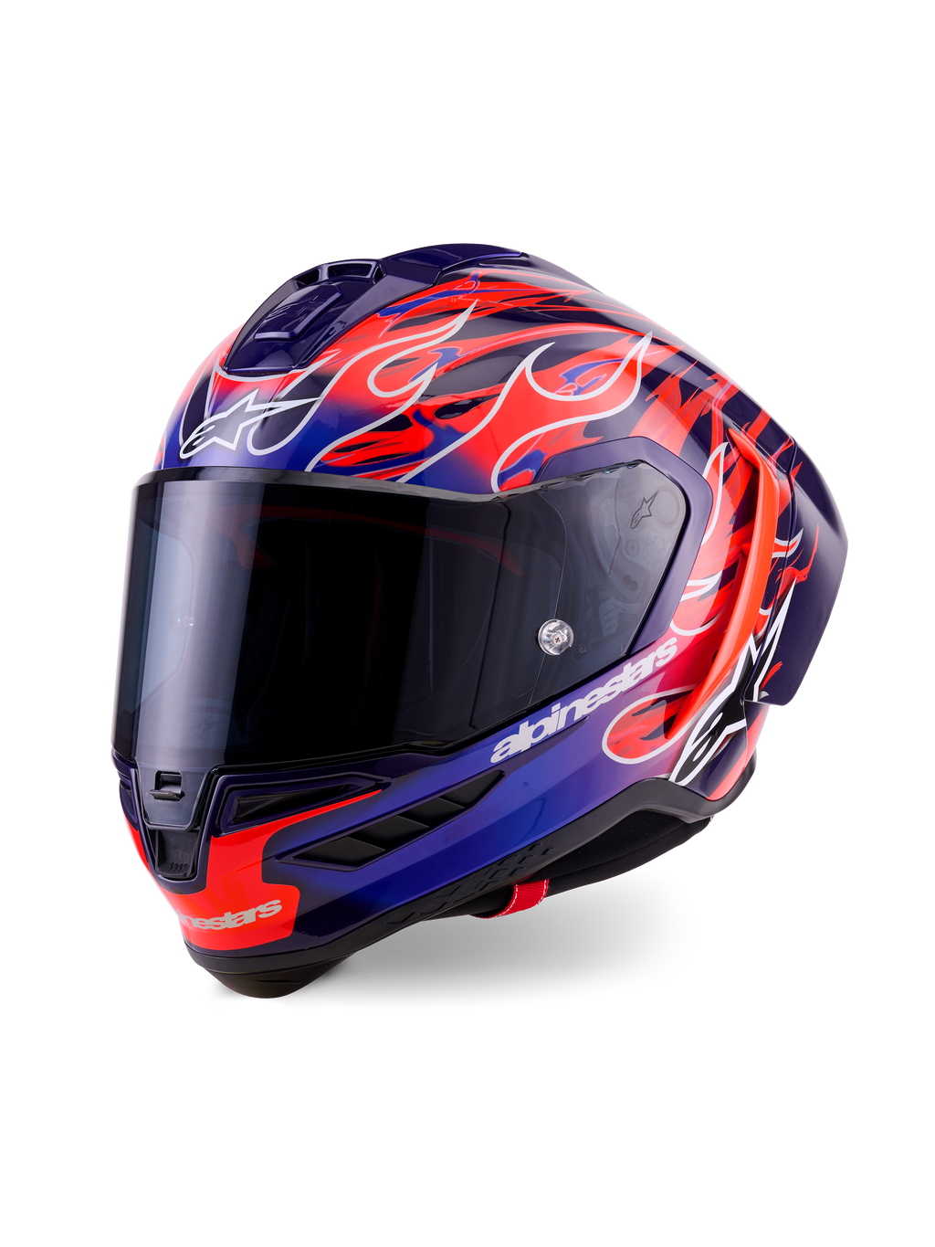 Alpinestars Supertech R10 Limited Edition Flyte hjelm, full-face racerhjelm, lilla og dybblå med levende orange flammegrafik, har et mørkt røgfarvet visir og aerodynamisk skal, højtydende motorsportudstyr