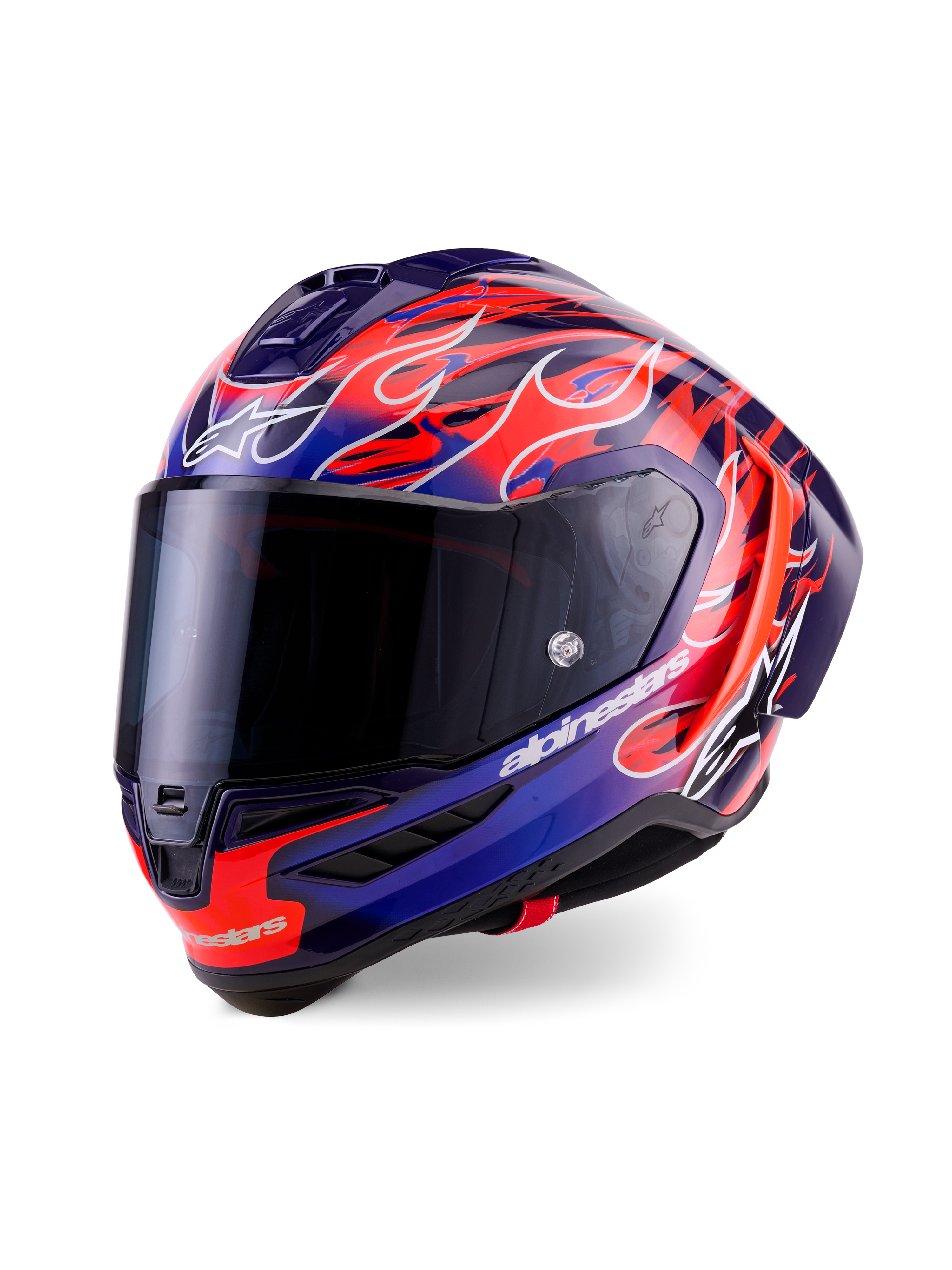 Alpinestars Supertech R10 Limited Edition Flyte hjelm, full-face racerhjelm, lilla og dybblå med levende orange flammegrafik, har et mørkt røgfarvet visir og aerodynamisk skal, højtydende motorsportudstyr