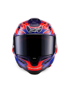 Alpinestars Supertech R10 Limited Edition Flyte hjelm, full-face racerhjelm, set forfra, lilla og orange flammemotiv, mørkt visir, aerodynamisk design til højpræstationskørsel
