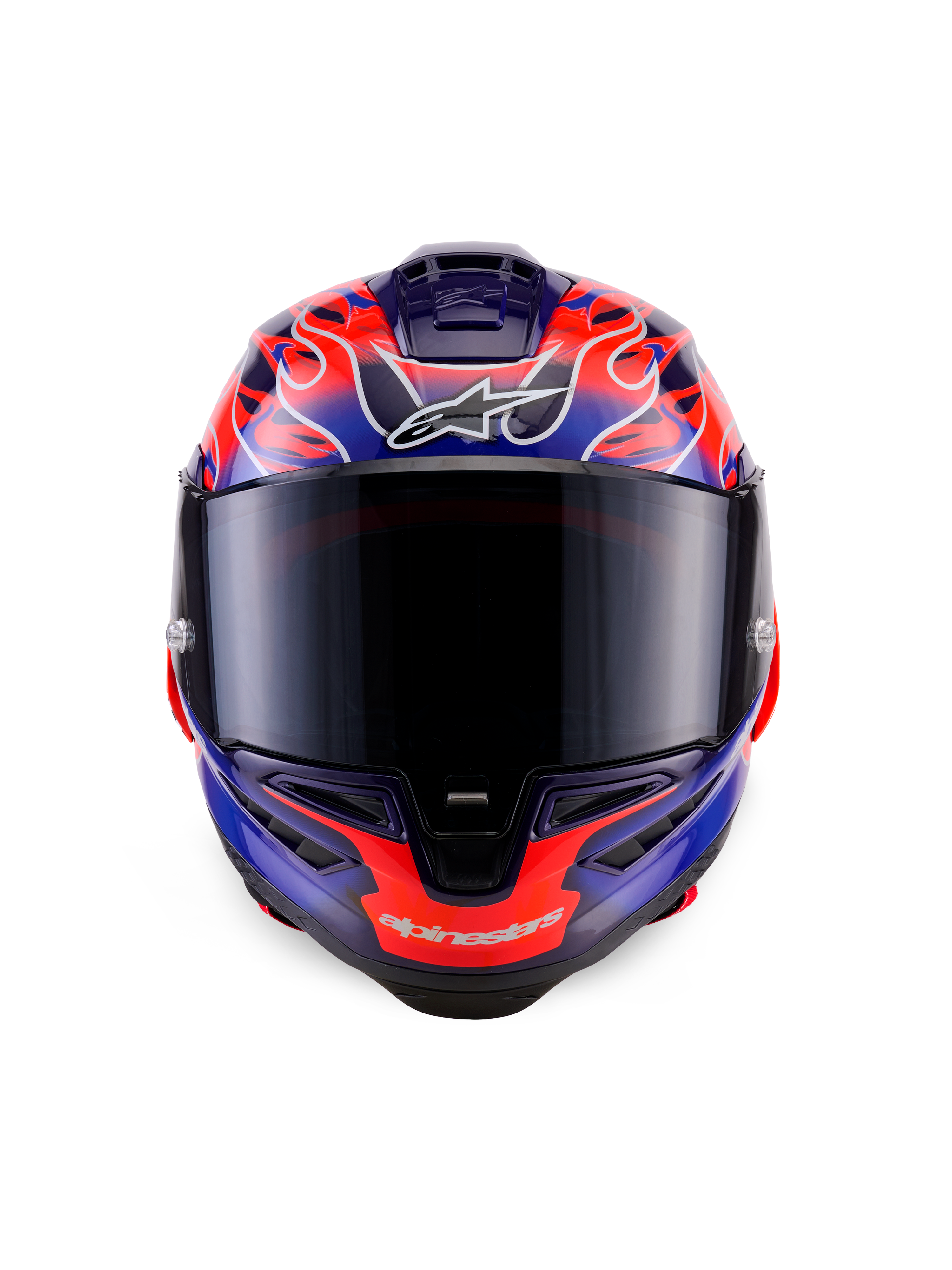 Alpinestars Supertech R10 Limited Edition Flyte hjelm, full-face racerhjelm, set forfra, lilla og orange flammemotiv, mørkt visir, aerodynamisk design til højpræstationskørsel