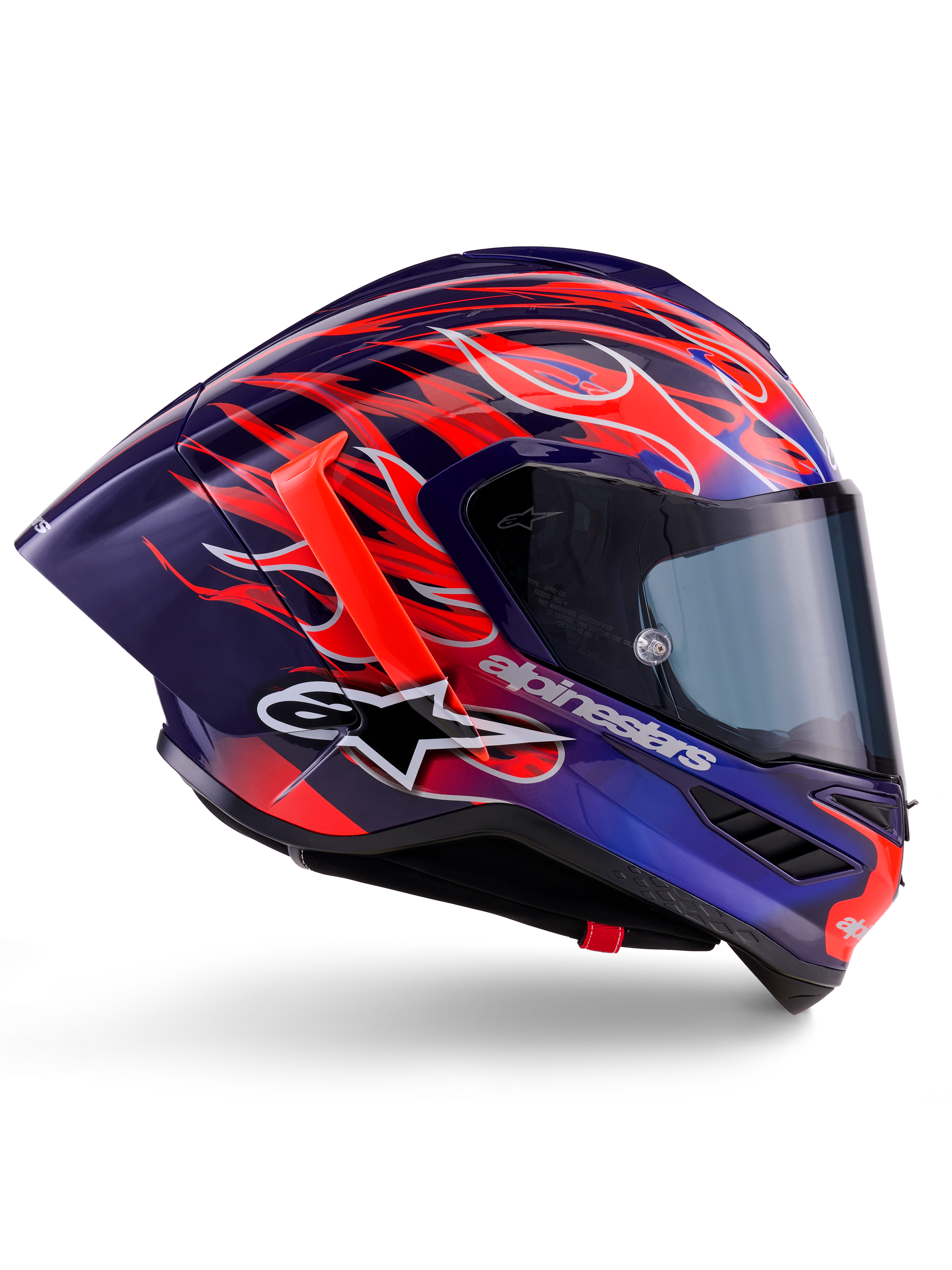 Alpinestars Supertech R10 Limited Edition Flyte-hjelm, Purple Red Glossy, full-face motorcykelhjelm med mørkeblå og lilla base og iøjnefaldende orange og røde flammemotiver, aerodynamisk profil med rød bagspoiler og mørkt visir, professionelt racerudstyr