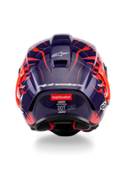 Alpinestars Supertech R10 Limited Edition Flyte hjelm set bagfra, mørkelilla blank skal med livlig orange flammegrafik, hvid Alpinestars branding og 'martinator'-logoet på bagsiden.