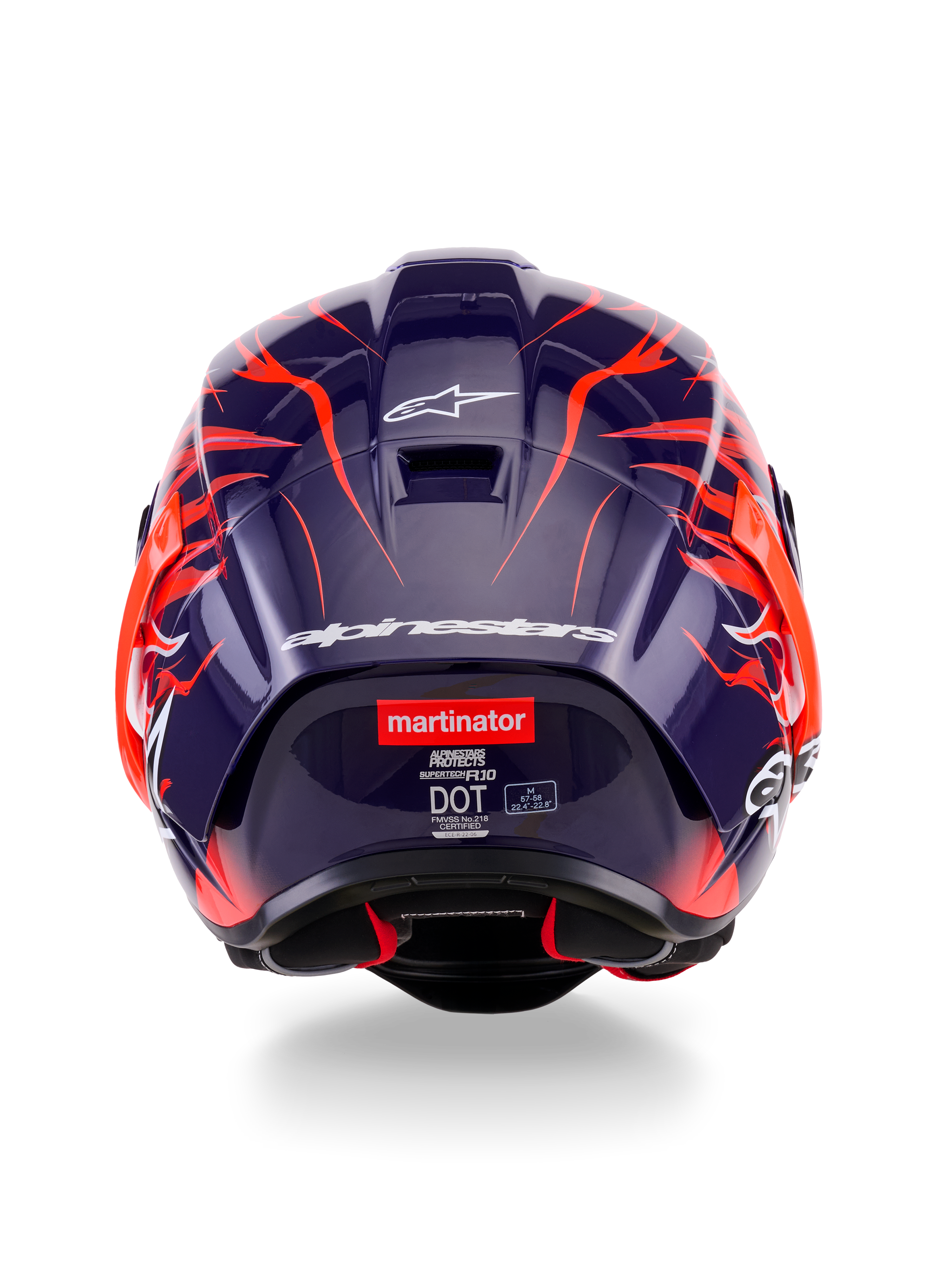 Alpinestars Supertech R10 Limited Edition Flyte hjelm set bagfra, mørkelilla blank skal med livlig orange flammegrafik, hvid Alpinestars branding og 'martinator'-logoet på bagsiden.