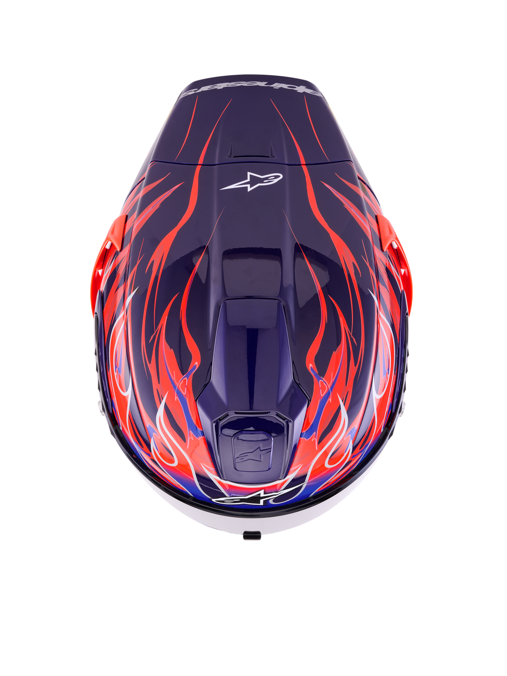 Alpinestars Supertech R10 Limited Edition Flyte hjelm, fuld-face racinghjelm, lilla og rød blank med dybblå og brændende orange flammemotiver, set fra oven med topventilation og Alpinestars-logo, professionelt aerodynamisk design til højtydende kørsel