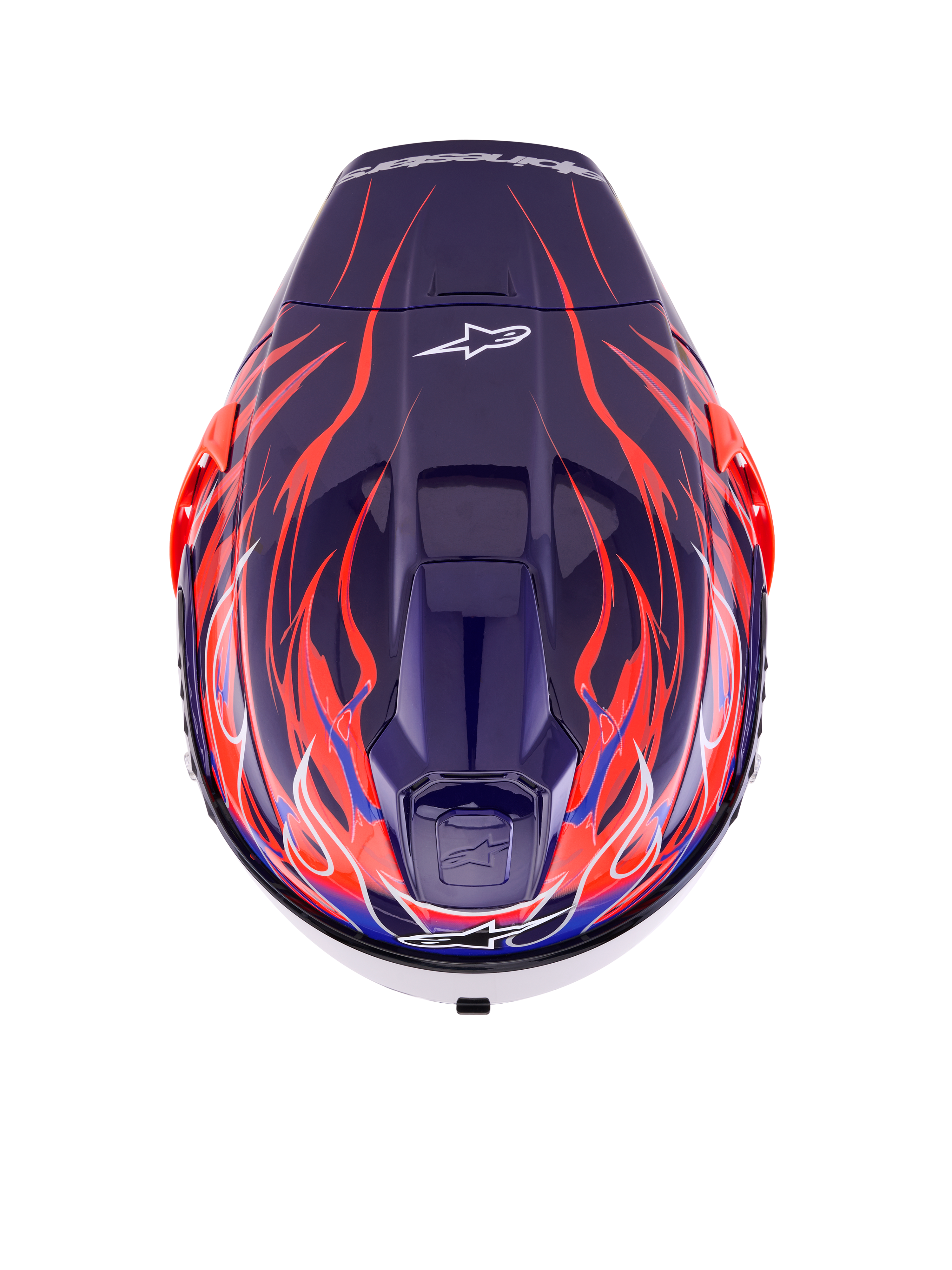 Alpinestars Supertech R10 Limited Edition Flyte hjelm, fuld-face racinghjelm, lilla og rød blank med dybblå og brændende orange flammemotiver, set fra oven med topventilation og Alpinestars-logo, professionelt aerodynamisk design til højtydende kørsel