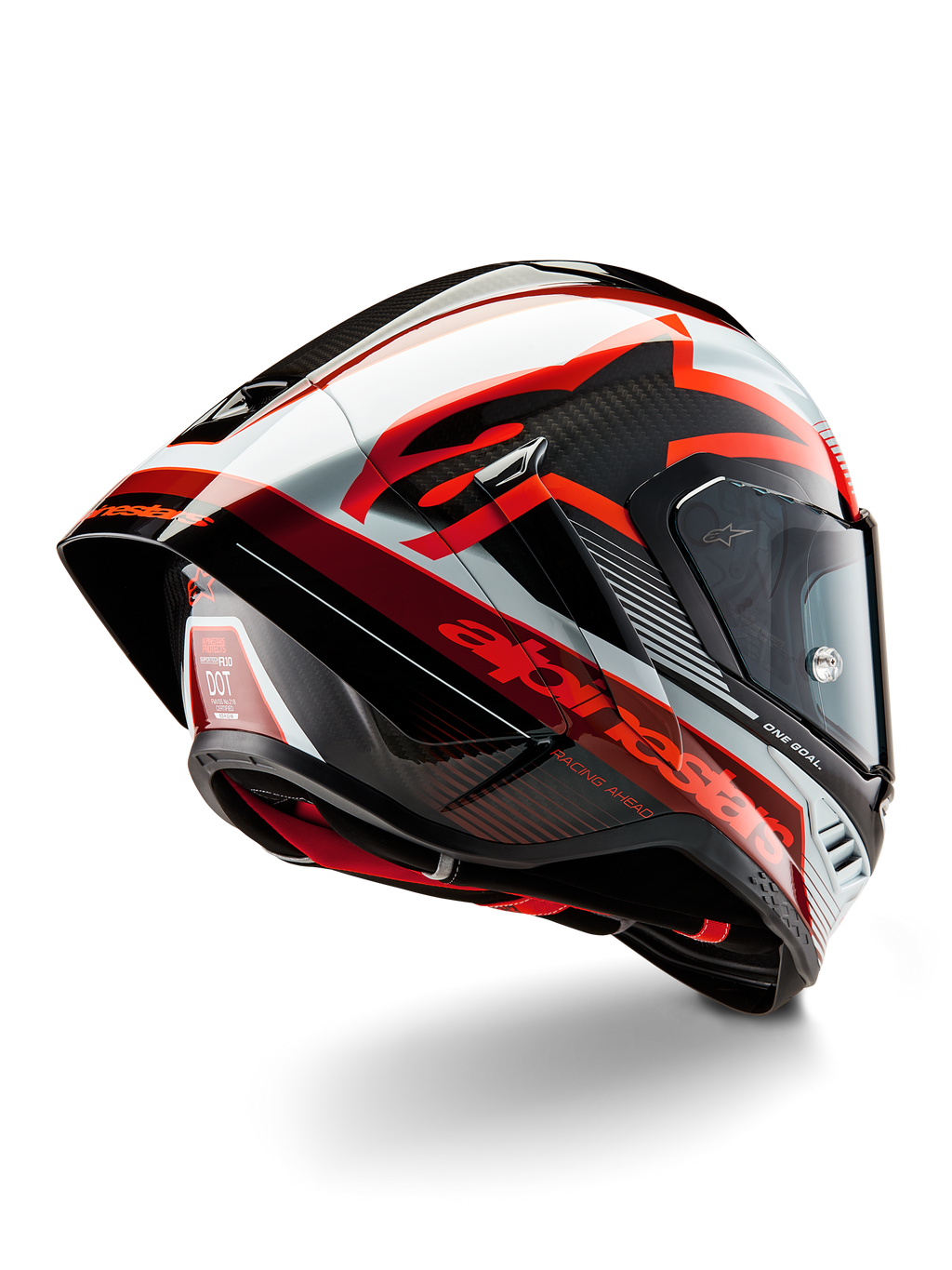 Alpinestars Supertech R10 Team hjelm, full-face racerhjelm, sort kulfiber, rød og hvid i blank finish, aerodynamisk design med bagspoiler og synlig kulfiberstruktur, med markante Alpinestars-logoer og DOT-certificeringsmærkat