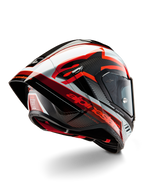 Alpinestars Supertech R10 Team hjelm, full-face racerhjelm, sort kulfiber, rød og hvid i blank finish, aerodynamisk design med bagspoiler og synlig kulfiberstruktur, med markante Alpinestars-logoer og DOT-certificeringsmærkat