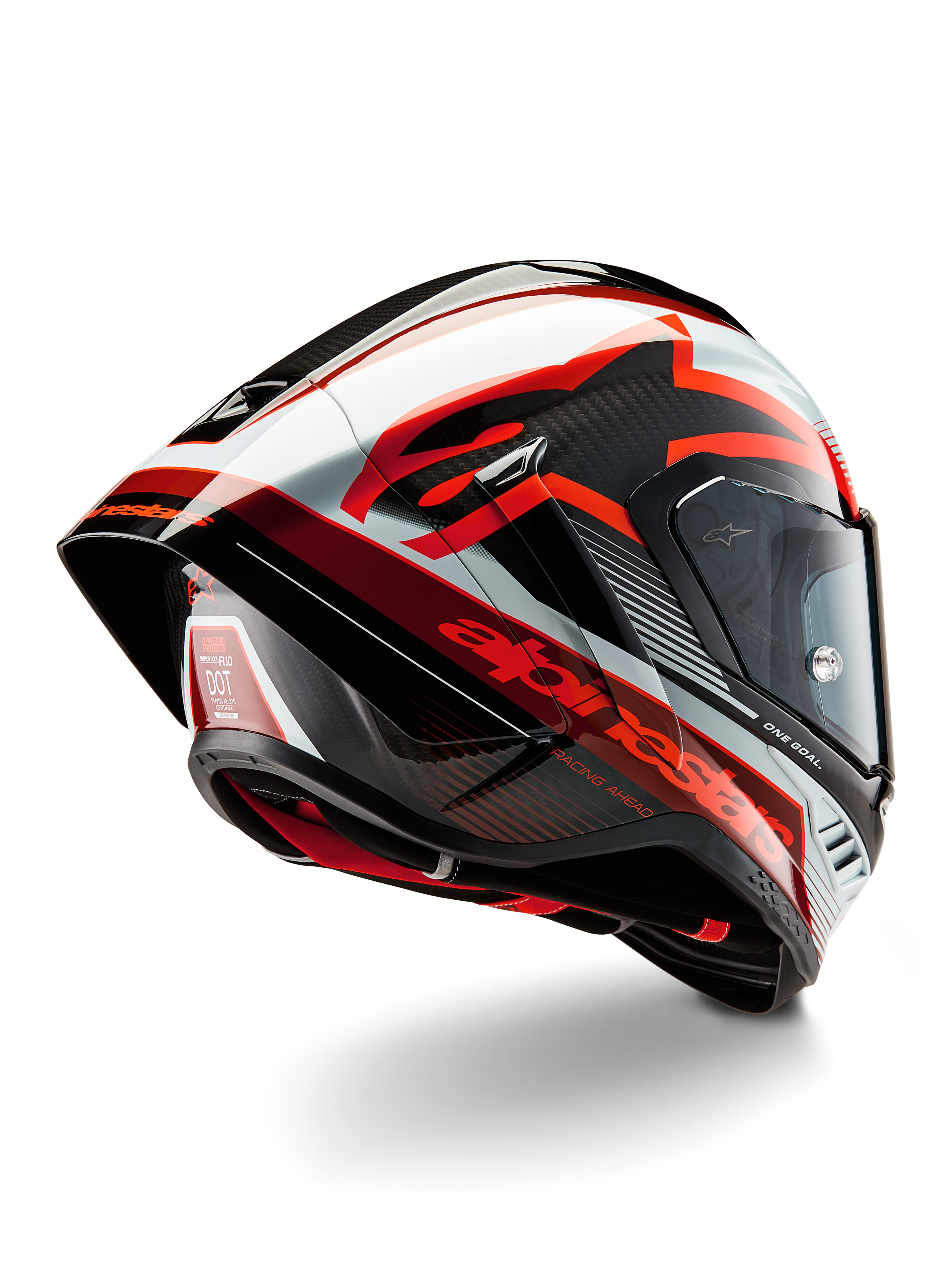 Alpinestars Supertech R10 Team hjelm, full-face racerhjelm, sort kulfiber, rød og hvid i blank finish, aerodynamisk design med bagspoiler og synlig kulfiberstruktur, med markante Alpinestars-logoer og DOT-certificeringsmærkat