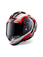 Alpinestars Supertech R10 Team-hjelm, full-face motorcykelhjelm, blank sort kulfiber med rød og hvid grafik, aerodynamisk skal, med markant Alpinestars-branding og tonet visir