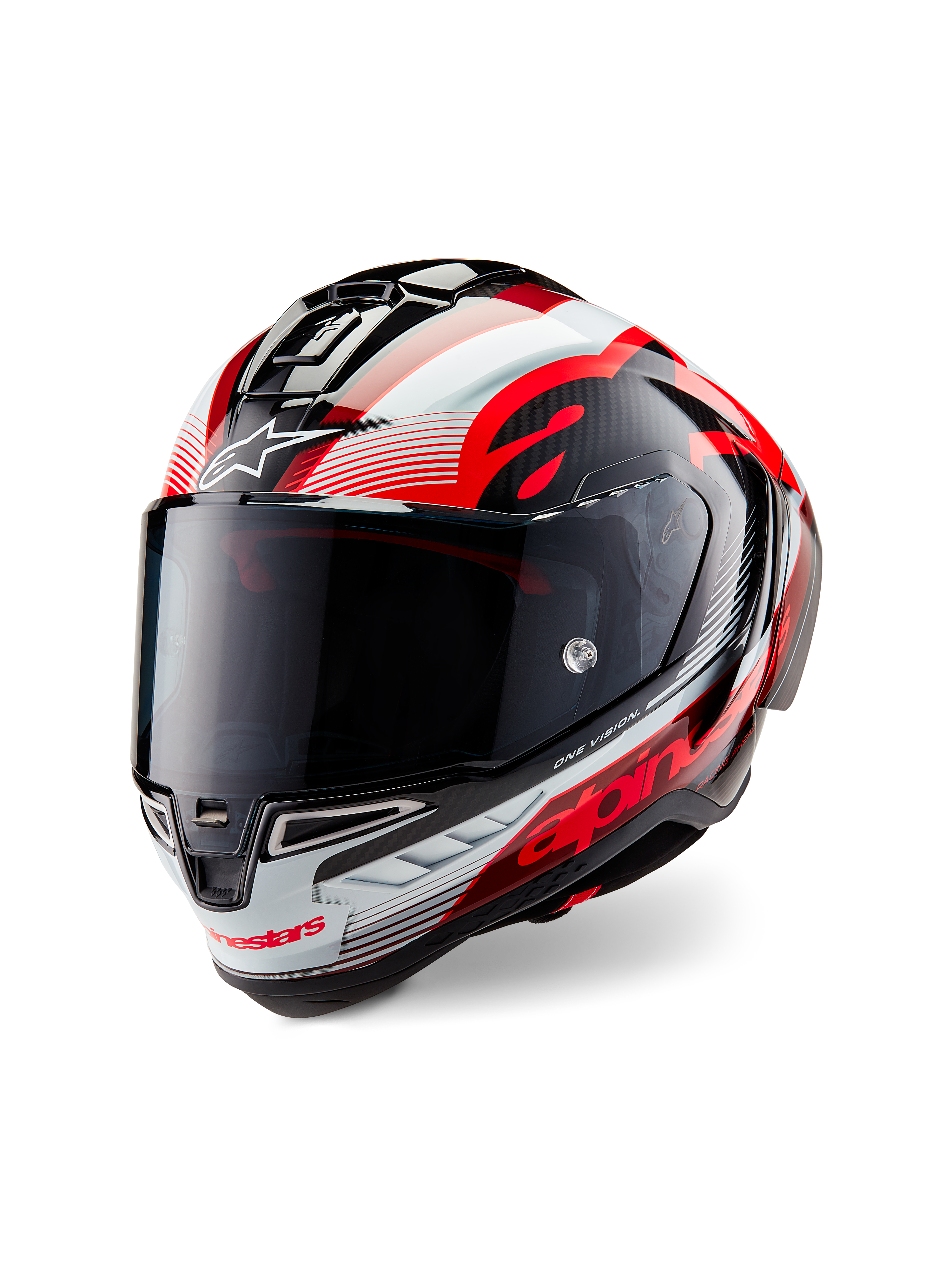 Alpinestars Supertech R10 Team-hjelm, full-face motorcykelhjelm, blank sort kulfiber med rød og hvid grafik, aerodynamisk skal, med markant Alpinestars-branding og tonet visir